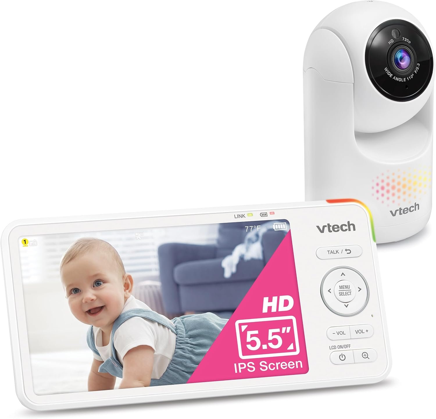 VTech Advanced HD 5.5″ 720p IPS Video Baby Monitor with Pan-Tilt-Zoom Camera, Night Light, Automatic No-Glare Night Vision, 1000ft Range, 13-Hour Battery – Secure Non-WiFi Peace of Mind