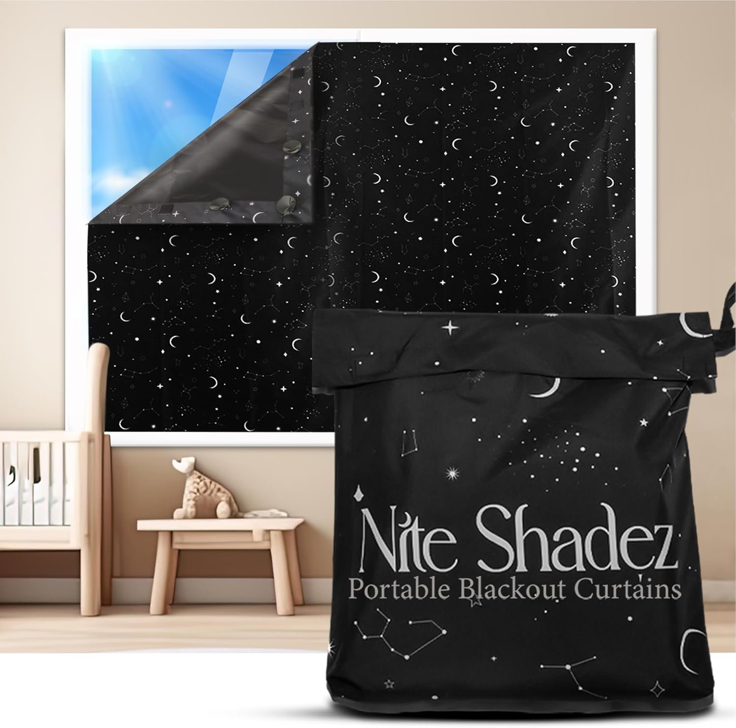 Portable Blackout Curtains (60″ x 80″) – Travel Blackout Curtains for Baby Nursery w/Stars – Portable Blackout Shades w/UV & Thermal Protection – 20 Stick on Suctions & Velcro Blackout Window Cover