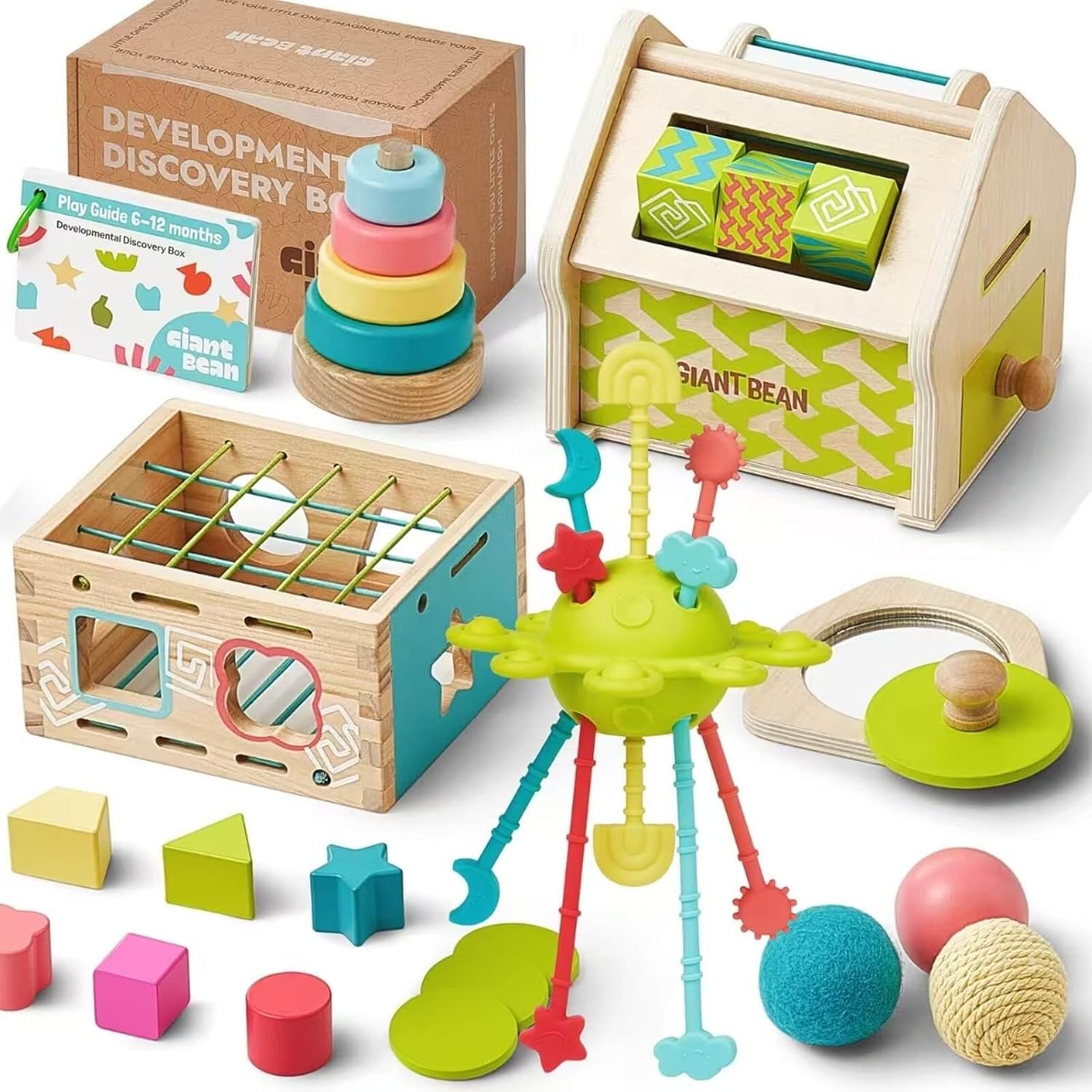 Giant bean Montessori Toys for Baby, 6-in-1 Wooden Early Education Learning Toys with Sensory Teething,Object Permanence Box,Shape Sorting Stacking Ring,Mirror Puzzle,Christmas Toy for Kid 1 2 3
