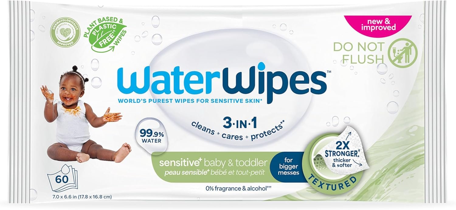 WaterWipes Sensitive+ Baby & Toddler Wipes, 3-In-1 Cleans, Cares, Protects, 99.9% Water, Textured Clean, Unscented & Hypoallergenic, 60 Count (1 Pack)