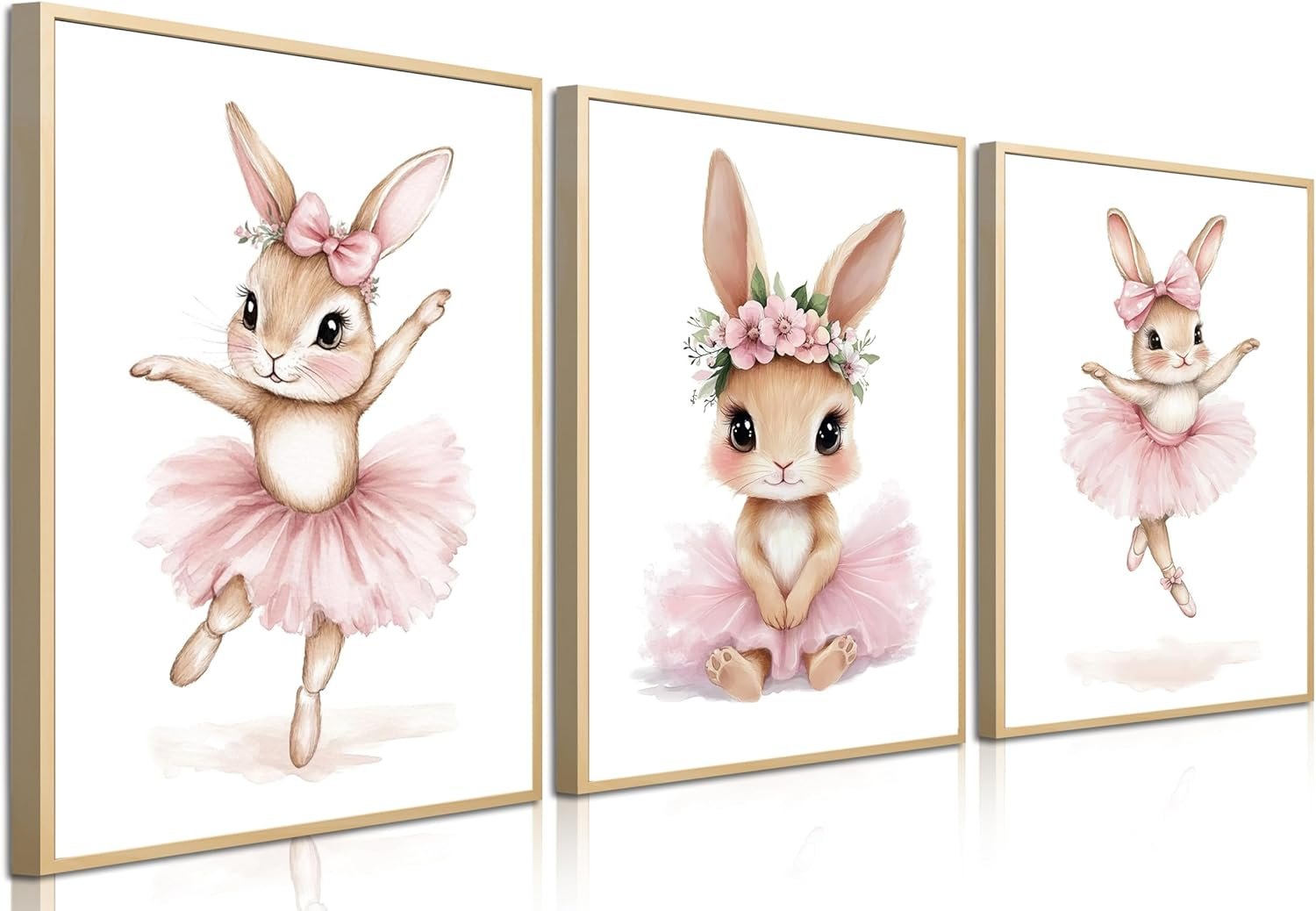 Baby Girl Nursery Wall Decor, Easter Nursery Canvas Wall Art Paintings Set of 3, Cute Animal Pink Bunny Posters Prints Pictures for Boys and Girls Room, Bedroom, Home Decor 12×16 In Framed