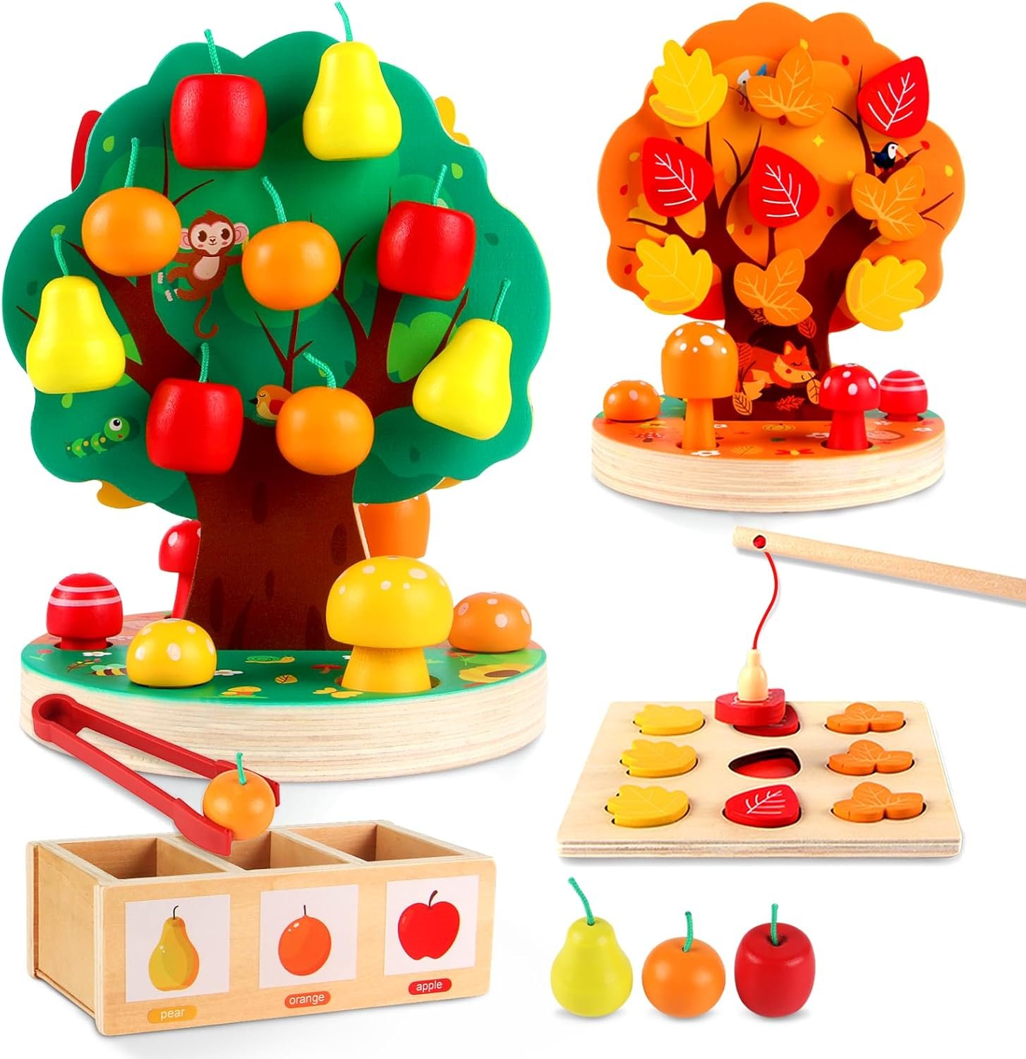 INIFEIDALA Montessori Toys for 3 4 5 6 Year Old – Wooden Educational Toy for Toddlers,Shape Sorting Puzzle for Fine Motor Skills,Apple Picking Magnetic Tree Toy,Hand-Eye Coordination,Color Recognition
