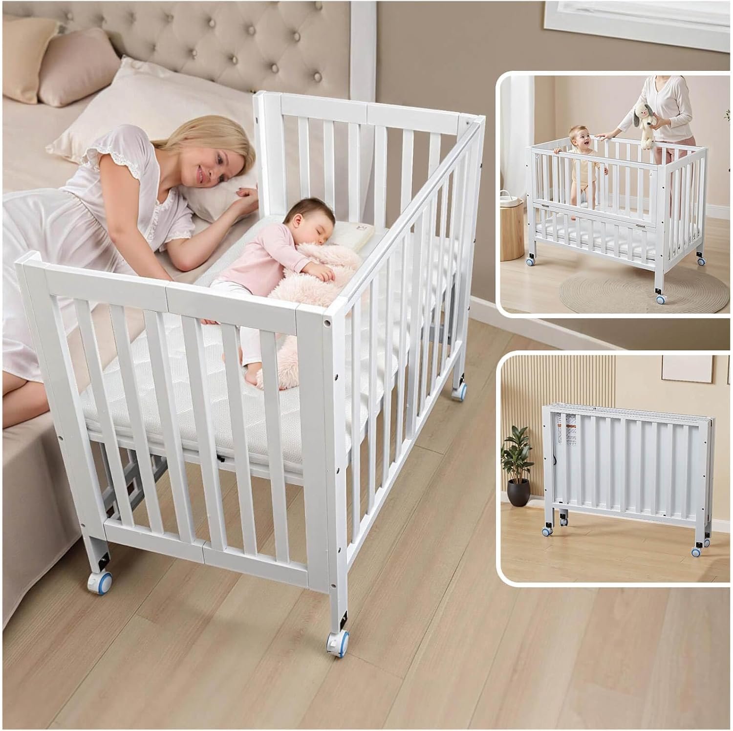 Flwrgirl Folding Wood Bedside Bassinet – Portable 4-in-1 Baby Bassinet with Breathable Mattress,3 Heights Baby Crib with Wheels,Mini Crib for Infant Newborn and Small Space,White