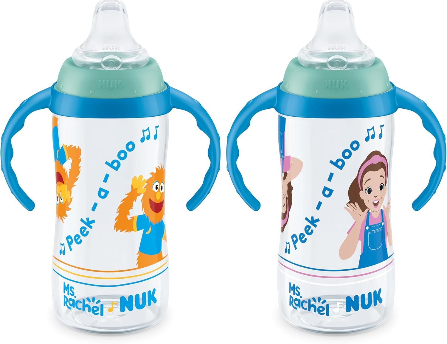 NUK Learner Cup, Ms. Rachel, 10 oz, 8+ Months, 2 pack – Soft Spout, Easy-Grip Handles, BPA Free, Spill Proof Transition Sippy Cup