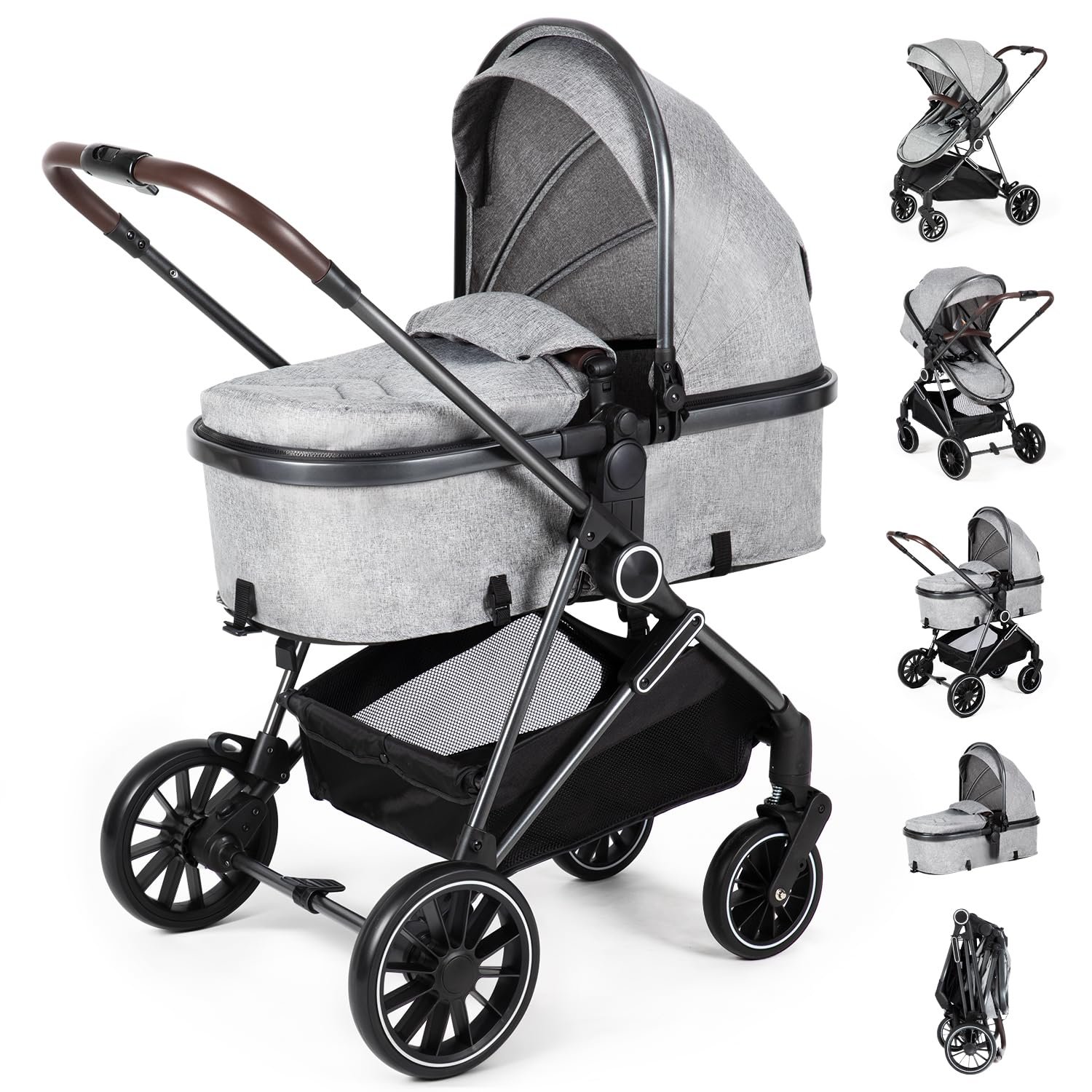 2-in-1 Baby Stroller with Bassinet Mode – Folding Infant Newborn Pram with Reversible Seat – for 0-36 Months Toddler Grey