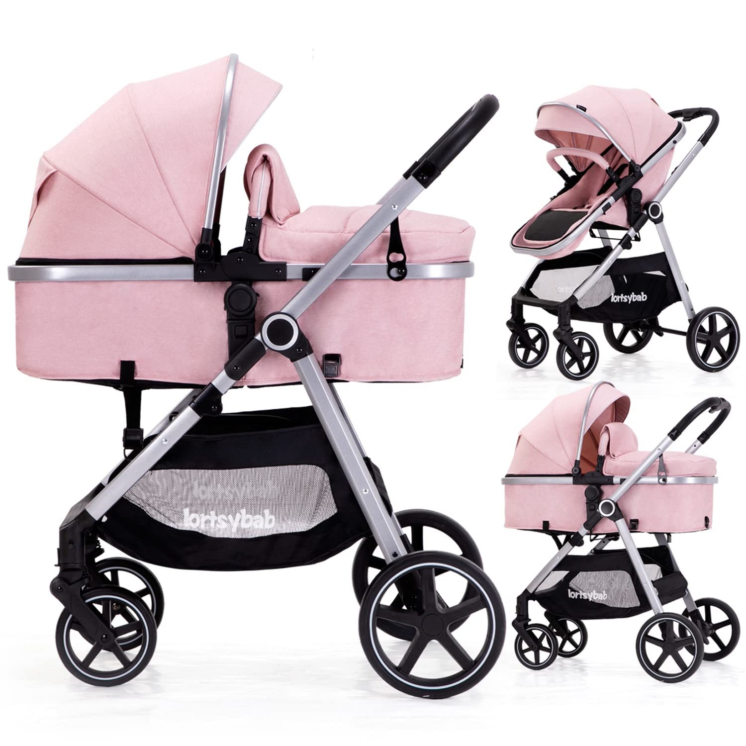 Lortsybab 2-in-1 Baby Stroller – Folding Infant Newborn Pram Stroller with Reversible Seat – Toddler Strollers for 0-36 Months Old Babies (Pink)