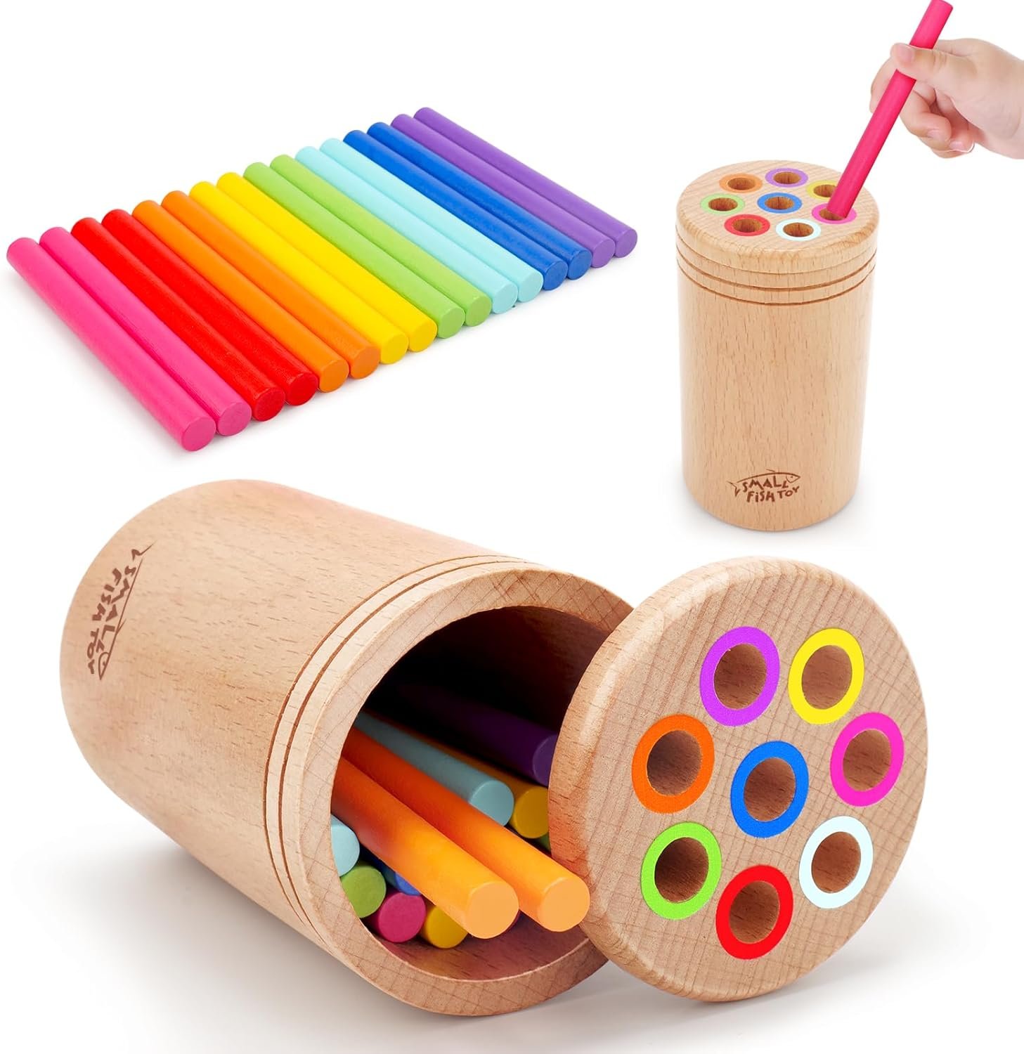 SMALL FISH Montessori Toys for 1-3 Year Old: Wooden Learning Color Sorting Toys for Toddlers Age 1 2 3, Fine Motor Developmental Sensory Travel Toys, Busy Board 18 Month Old Baby Gifts Boys Girls