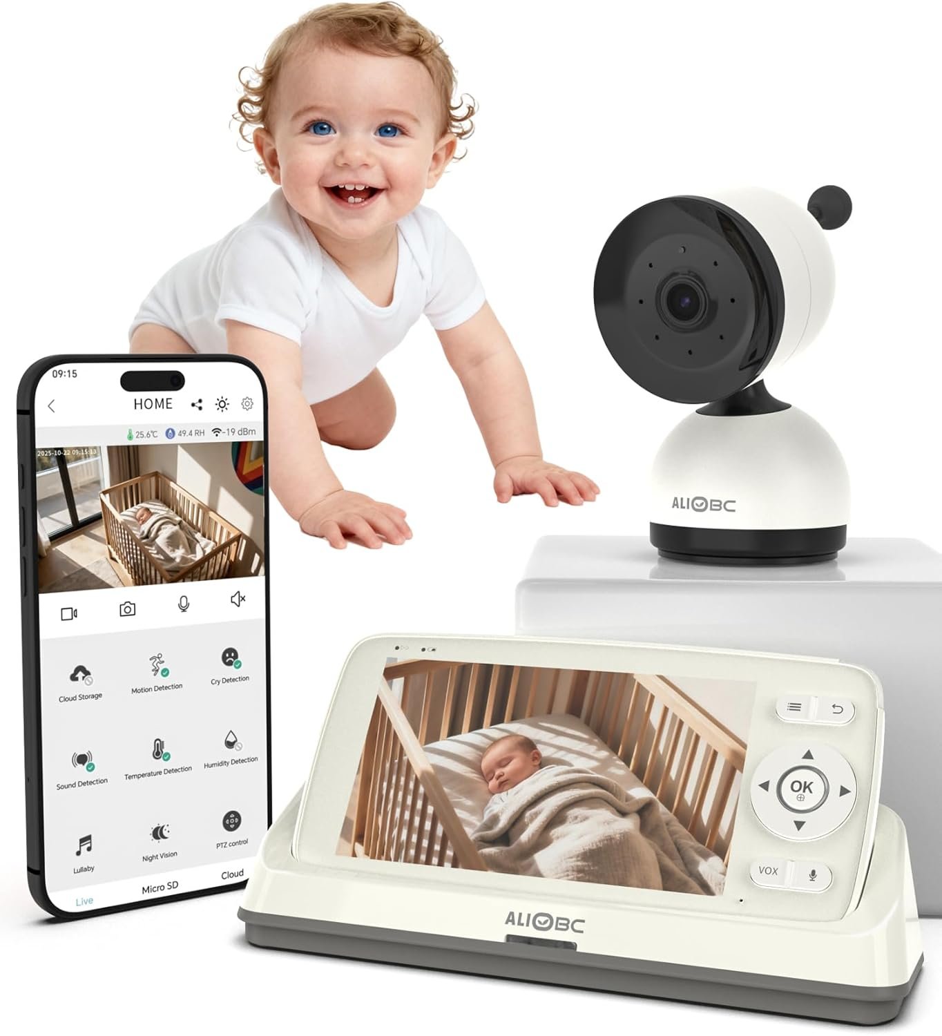 ALIOBC Smart Baby Monitor with Camera and Audio WiFi & No-WiFi Modes AI Cry Detection Night Vision 1080p FHD Camera and 5″ Large Screen Two-Way Talk 1000ft Range Smart Alert Easy Setup for New Parents