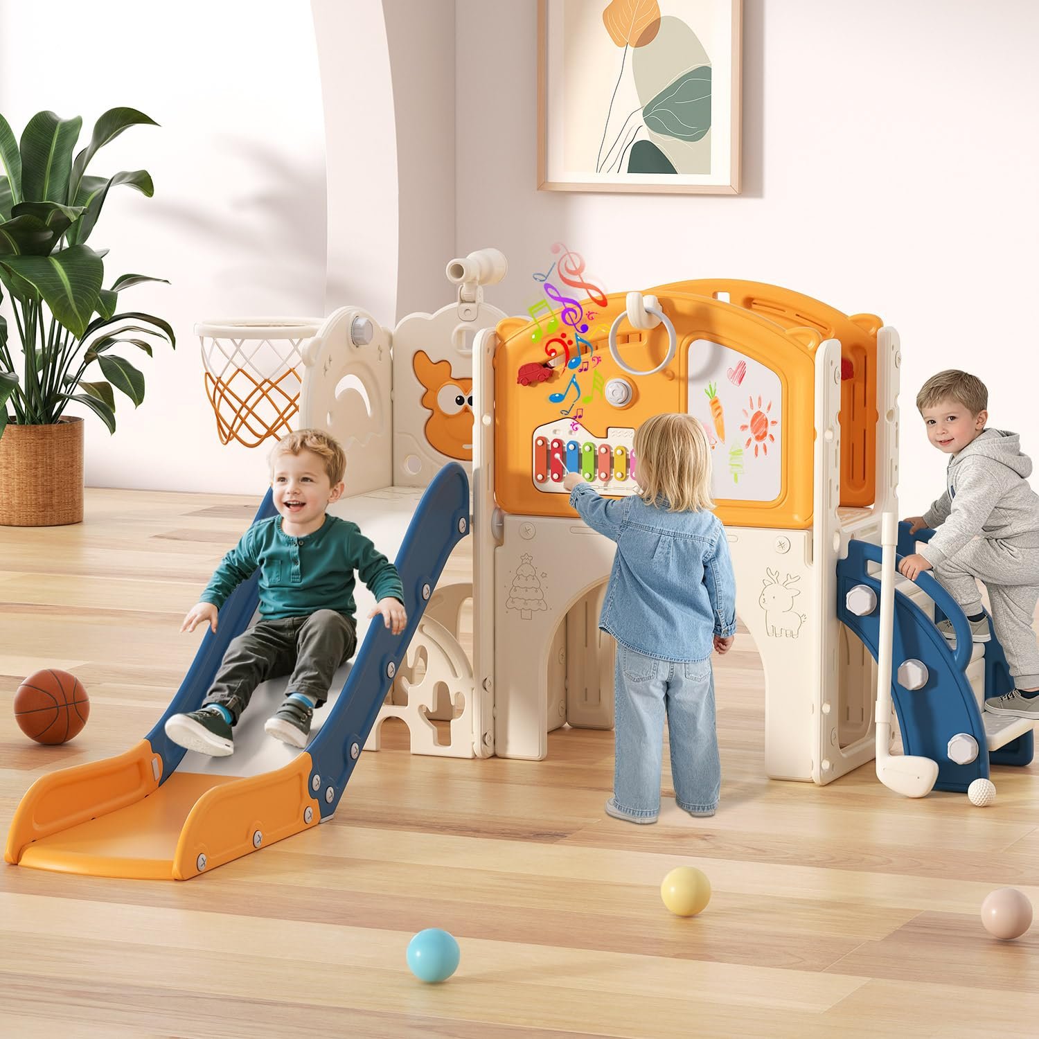 BIERUM Toddler Slide Set, 13 in 1 Kids Indoor Slide for Toddler 1-3, Indoor Outdoor Toddler Slide Playset with Basketball Hoop, Golf Game & Drawing Board, Baby Indoor Slide Playground, Blue&Yellow