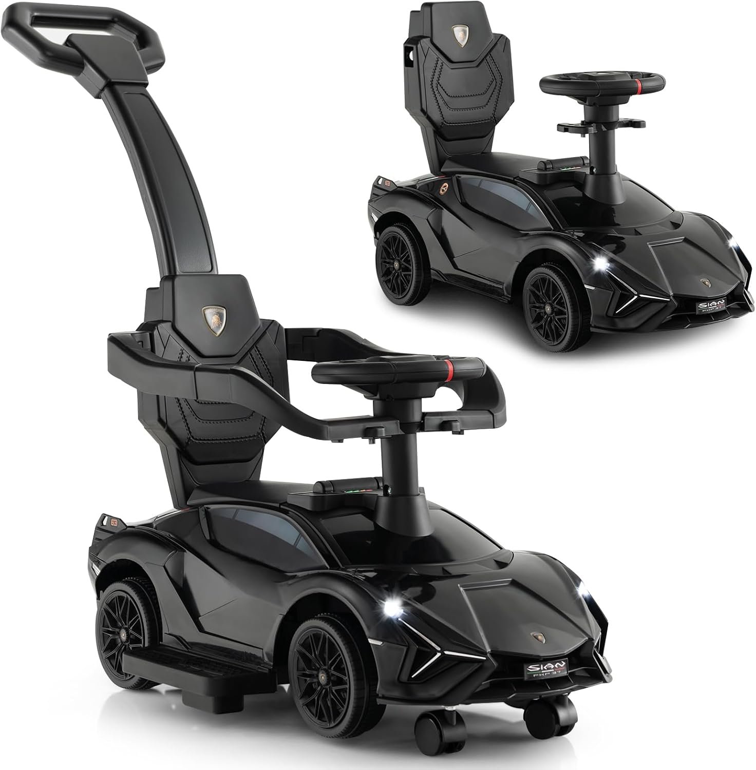 INFANS 3 in 1 Ride on Push Car, Licensed Lamborghini Baby Stroller Sliding Walking Car with Push Handle, Music, USB, Headlight, Under Seat Storage, Kids Foot-to-Floor Toy for 18-60 Months (Black)