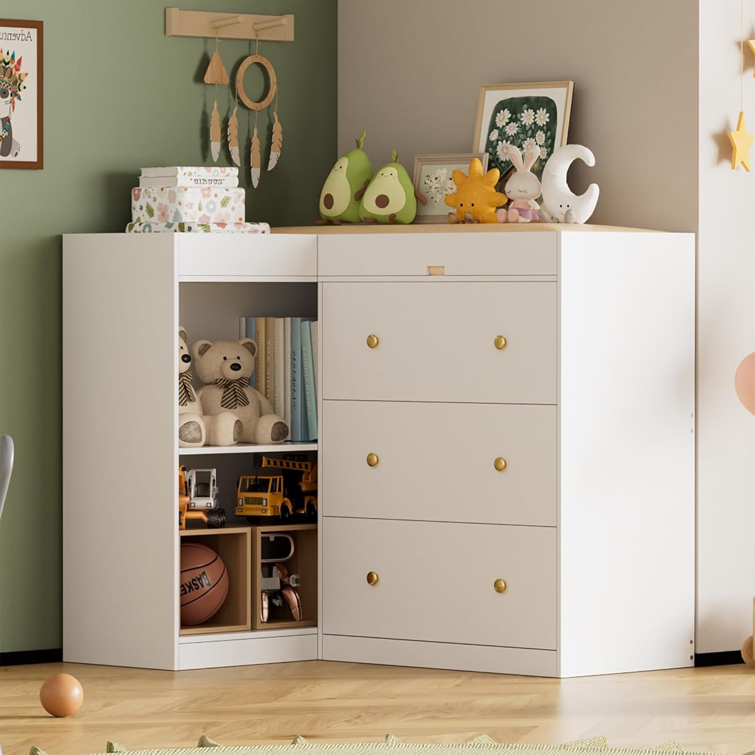 Modern Nursery Changing Table Dresser,Corner Baby Dressing Table with 5 Drawers,2 Open Storage Racks,Multi Functional Diaper Changing Station for Children’s Rooms,for The Nursery, White