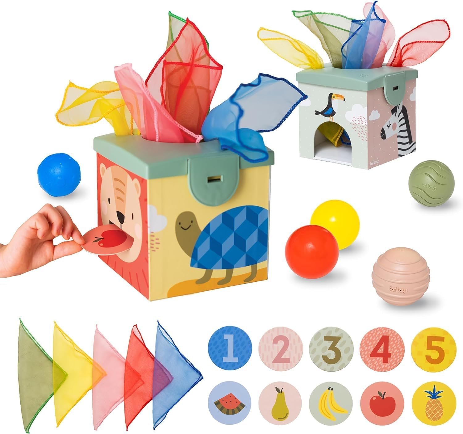 Taf Toys Sensory Baby Tissue Box, Object Permanence Box, Imaginary Play for Infants & Toddlers, Montessori Square Sensory Toys Colorful Pull Scarves, Play Balls & Cards Educational Preschool Learning