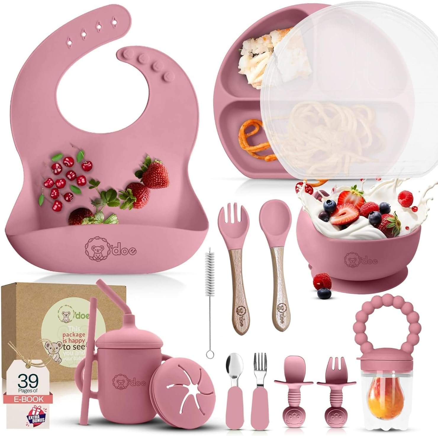 O’doe 17-Piece BPA-Free Silicone Baby Feeding Set | Thick & Soft Suction Plates, Baby Bowls, Wooden Fork & Spoon, and More | Make Mealtime Fun and Easy for Your Little One | Pink, V2
