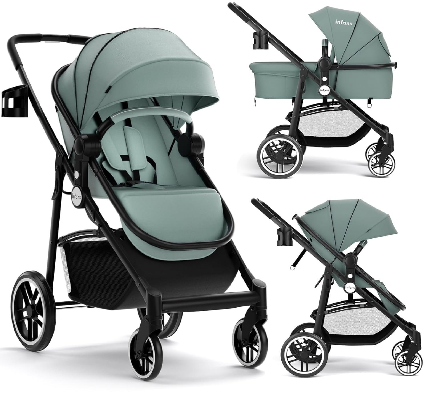 INFANS 2 in 1 Baby Stroller, High Landscape Infant Stroller & Reversible Bassinet Pram, Foldable Pushchair with Adjustable Canopy, Cup Holder, Storage Basket, Suspension Wheels (Green)