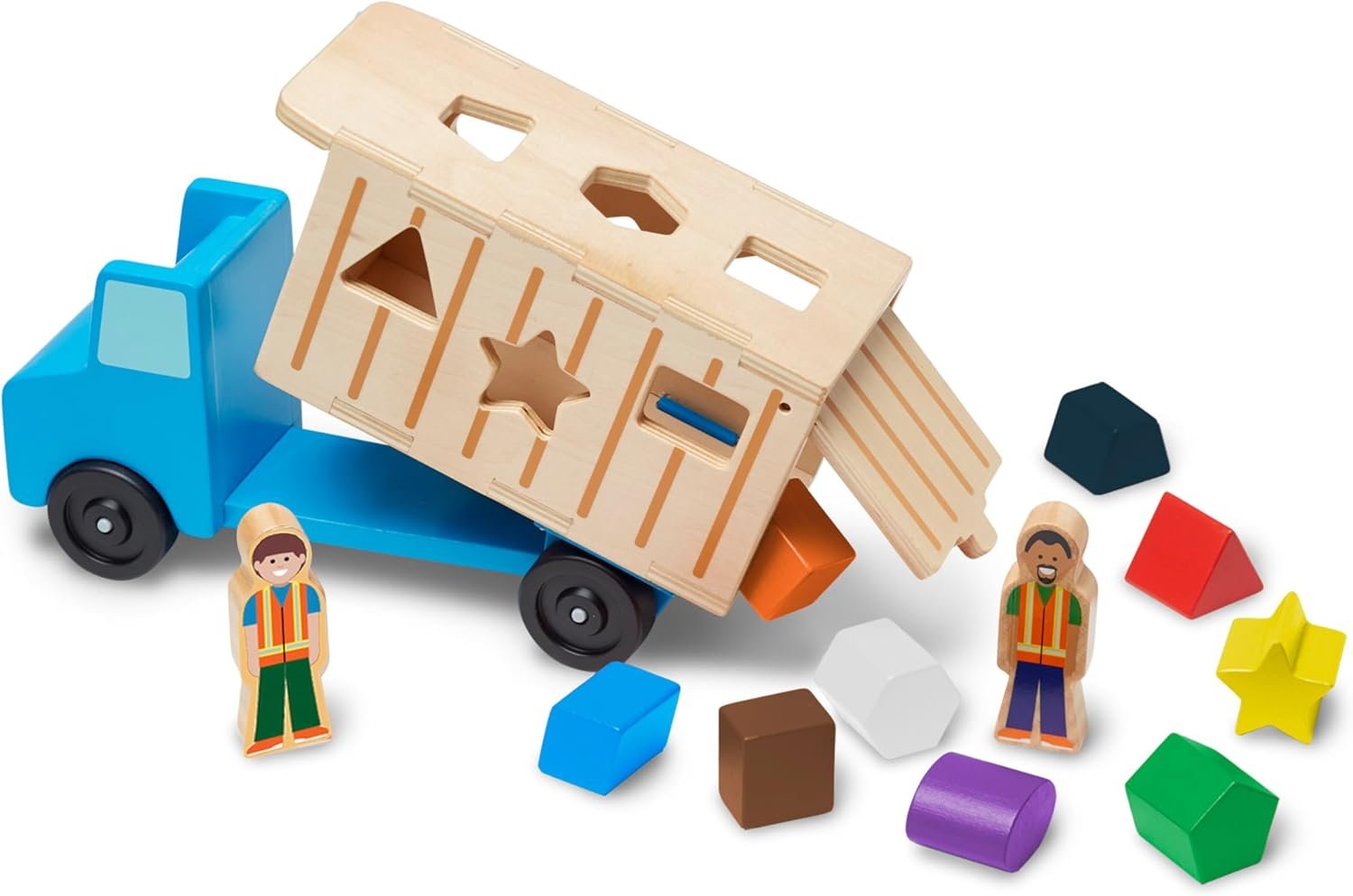 Melissa & Doug Shape-Sorting Dump Truck Wooden Toy with 9 Blocks and 2 Toy Figures – Montessori Toys and Toddler Toys for Preschool Learning Activities