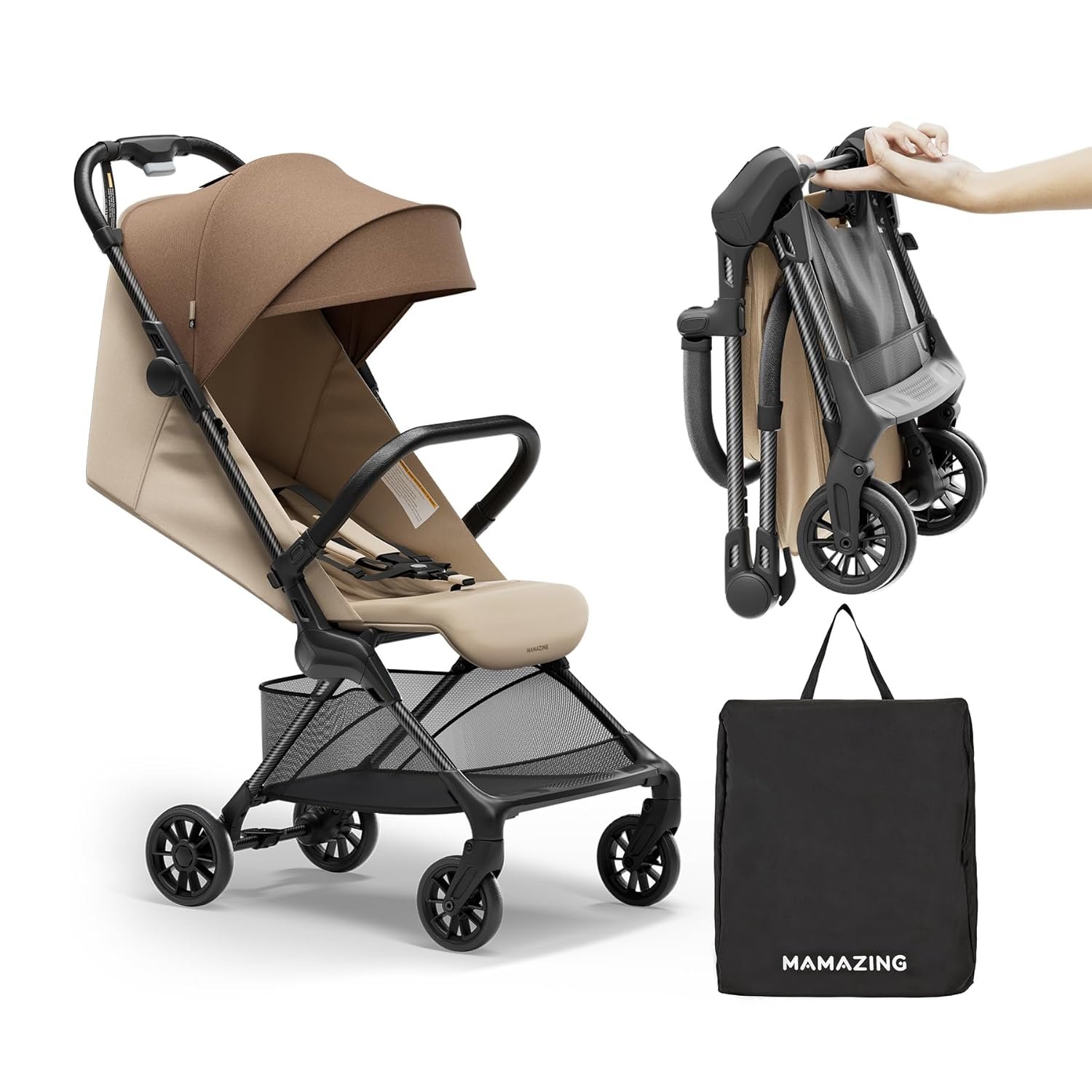 MAMAZING Ultra Air X Travel Stroller – Ultra-Lightweight Under 10 lbs, Carbon Fiber Frame & Airplane Friendly, Lightweight Stroller with Reclining Seat, UPF 50+ Canopy & Travel Bag