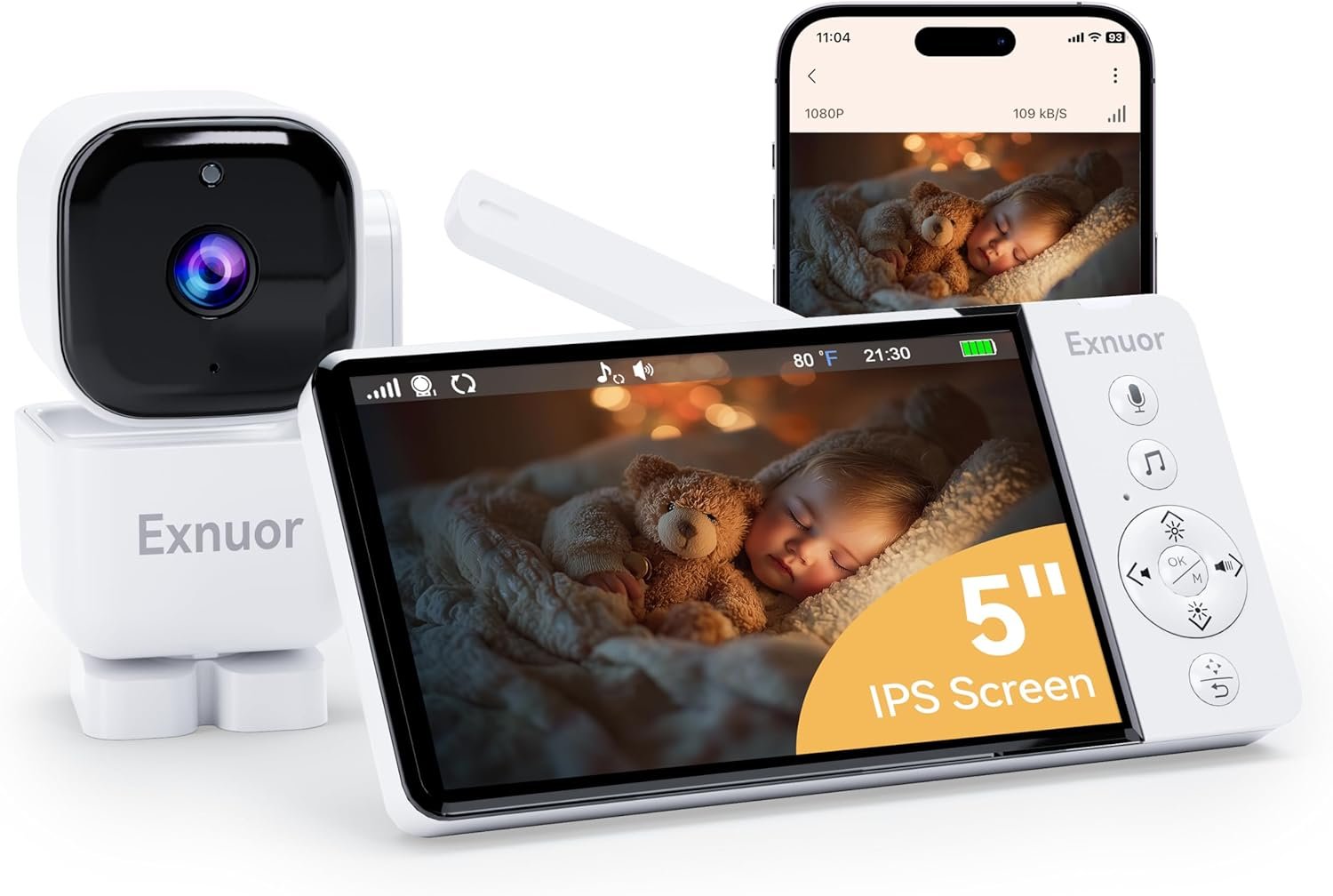 Non-WiFi Baby Monitor with Camera & Audio, Secure FHSS Display, Optional WiFi App, No Cloud, No Subscription, 5” Screen, Night Vision, VOX Sound Detection