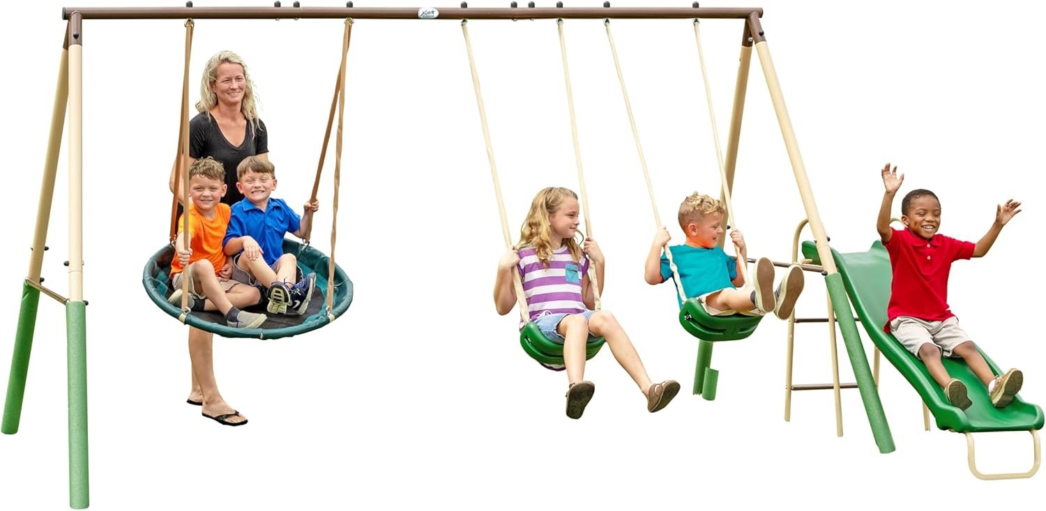 SuperDisc Swing Set with SuperDisc Swing. 5 User Capacity, Easy Assembly, Metal Frame Backyard Playground Set for Kids. with Padded Frame Legs for Safety. 148″ L x 93″ W x 74″ H, by XDP Recreation