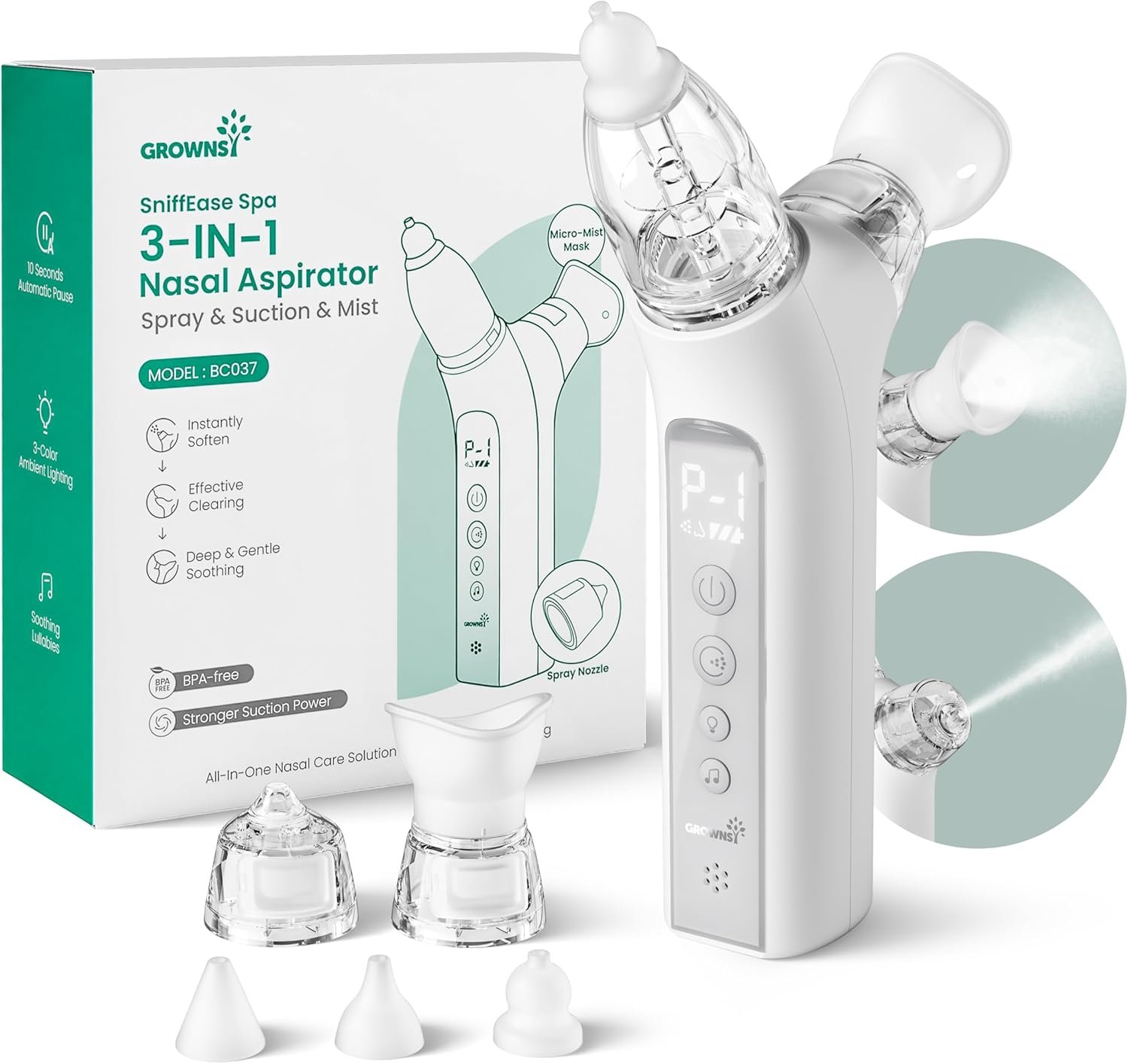 GROWNSY SniffEase Spa 3-in-1 Nasal Aspirator for Baby – Spray, Suction & Mist, Hospital-Grade Powerful Electric Nose Suction with Soothing Light & Music, Larger Chamber (Grey)