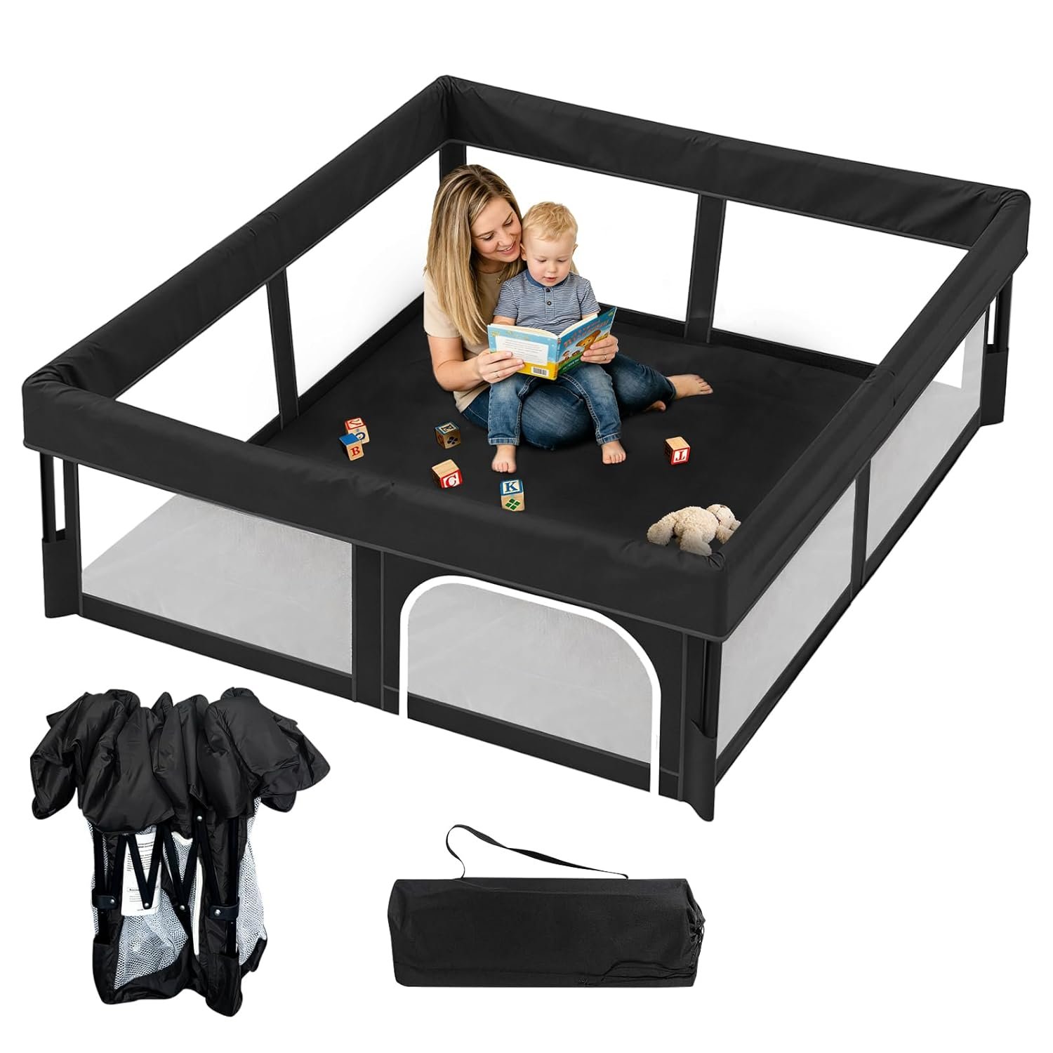 Foldable Baby Playpen, 50″×50″ Play Yard for Toddlers, Portable & Collapsible Playpen with Gate, ASTM & CPSC Certified, Skin-Friendly & Breathable Mesh, Ideal for Indoor & Outdoor Use with Bag