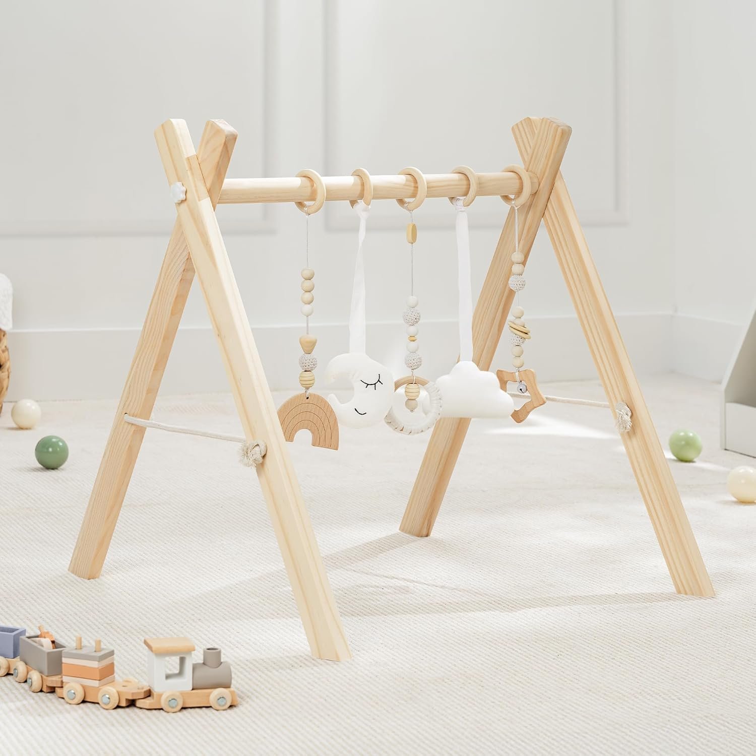 Comfy Cubs Wooden Baby Play Gym – Natural Finish Pinewood Baby Activity Gym with 5 Sensory Hanging Toys – Easy No-Tool Assembly, Safe and Durable for Infant Motor and Visual Development – Natural Wood