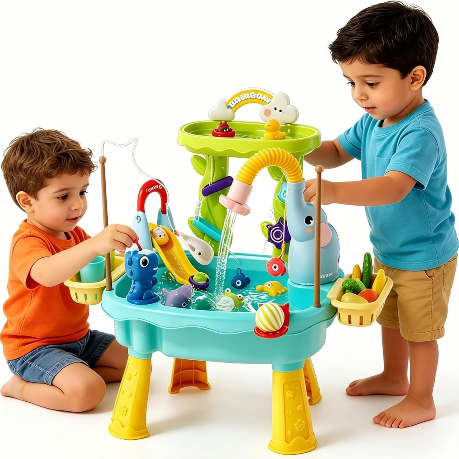2027 Upgraded Toddlers 1-3 Water Table with Electric Pump, Kids Water Table with Faucet Play Food Accessories Fishing Toy, Kitchen Play Sink Toys for Girl Boy Age 4-8 (Blue)