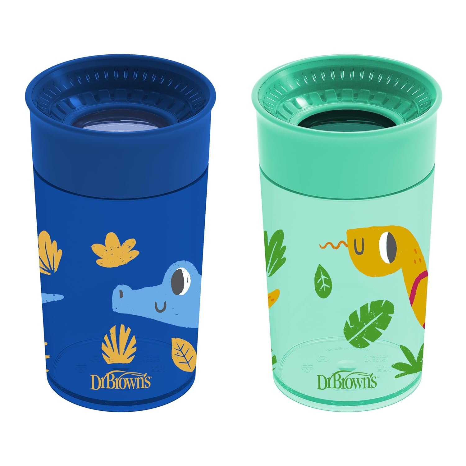 Dr. Brown’s Milestones Cheers 360 Spoutless Transition Cup, Travel Friendly and Leak Free Sippy for Babies and Toddlers, Blue/Green Animals, BPA-Free, 10 oz/300 mL, 9m+, 2-Pack