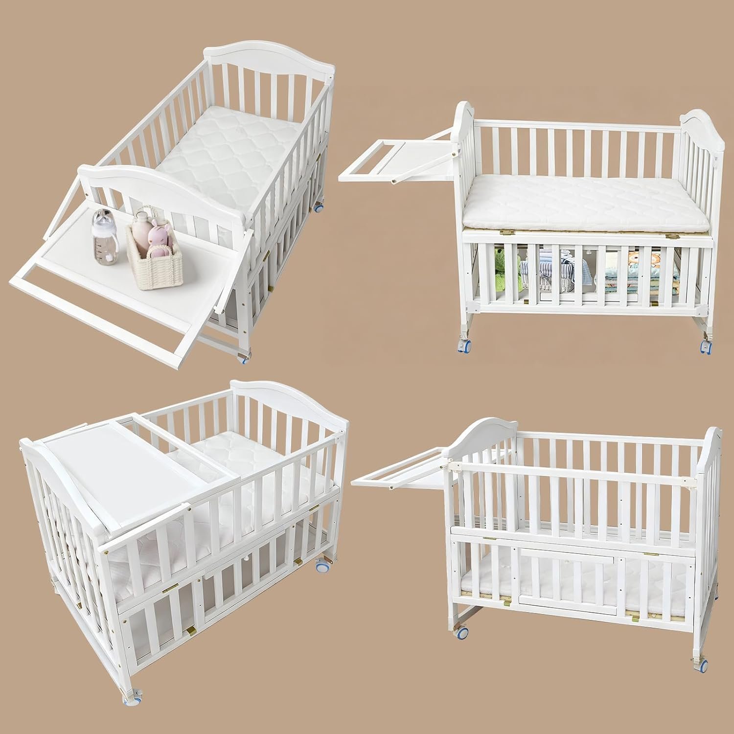 Flwrgirl Portable Mini Baby Crib – Cunas para Bebes with Changing Shelf and Mattress Included,2025 Wheeled Wood Baby Bassinet,Bassinet Bedside Co Sleeper for Small Room,White