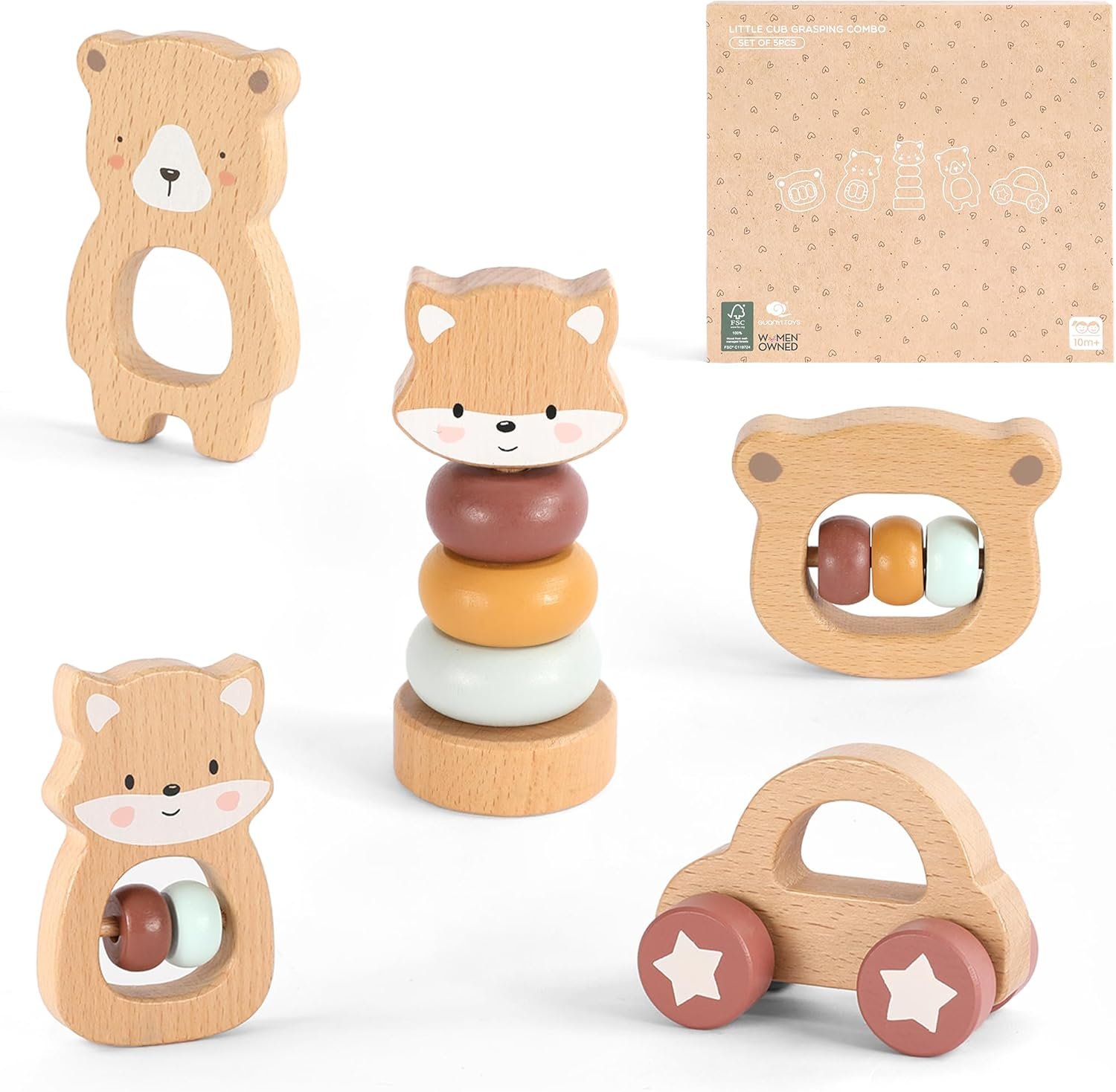 Freniland Wooden Montessori Toys, 5-Piece Wooden Baby Toys, Bear Baby Rattle, Fox Stacking Ring, Car Push and Pull Toys, Bear Grasping Toys,Newborn Baby Gift Sets for Boys and Girls