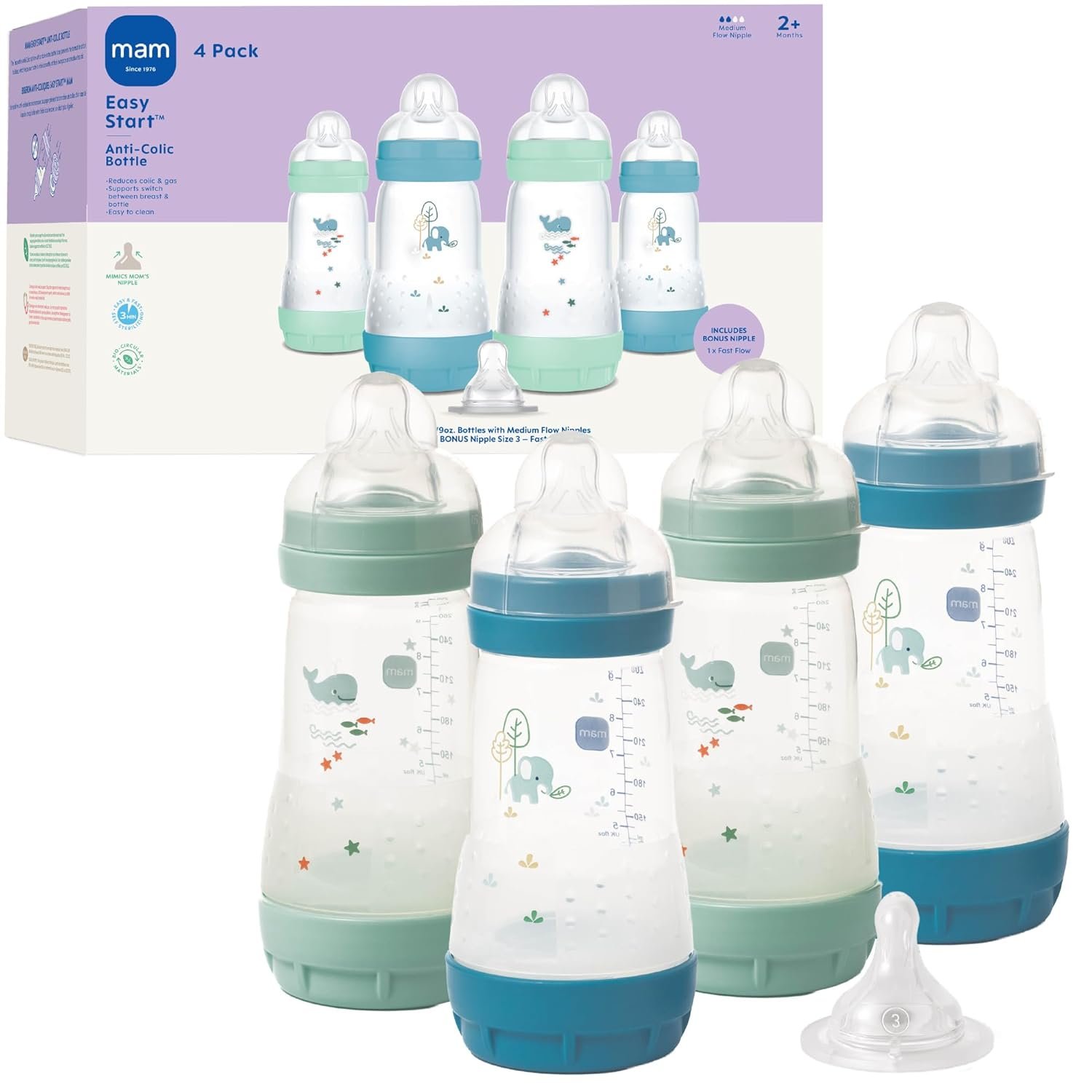 MAM 9oz Easy Start Anti-Colic Wide Neck Baby Bottle, Medium Flow Breastfeeding-Like Nipple, Reduces Colic Gas & Reflux, Easy to Clean, BPA Free, 2+ Months, Bonus Fast Flow Nipple, 4 Pack