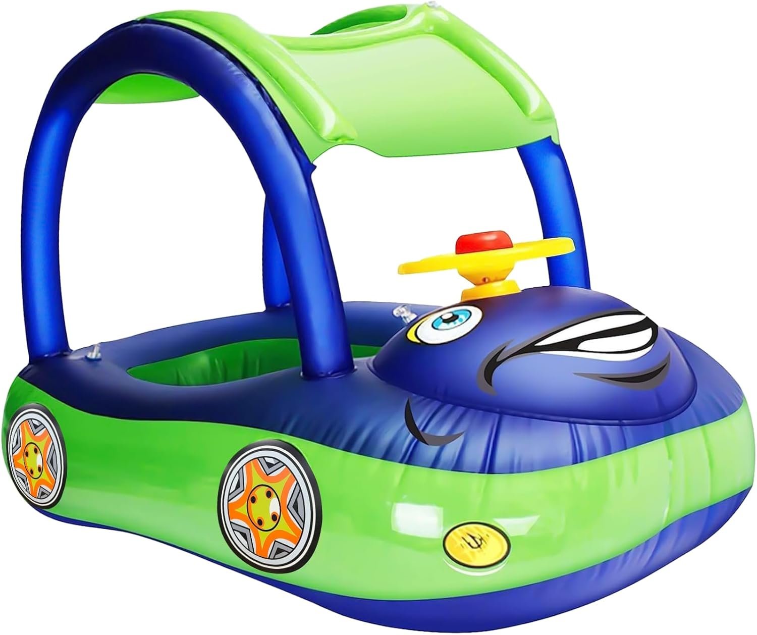 iGeeKid Inflatable Baby Pool Float with Canopy, Safty Seat for Infant Baby Swim Float Rings Car Shaped Swimming Pool Floaties for Babies Toddler Age of 18-36 Months (Blue)