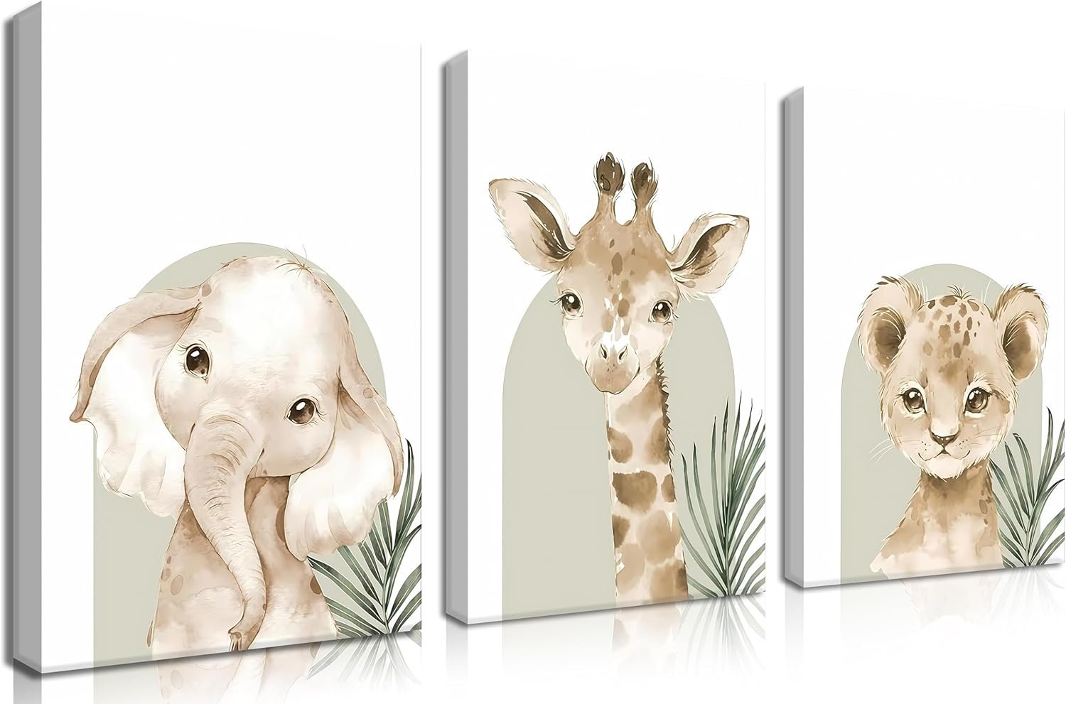 Nursery Wall Decor Set of 3, Cute Animal Lion Elephant Baby Pictures Poster Prints, Giraffe Jungle Canvas Wall Art Woodland Nursery Decor for Boys Girls Room Decoration 12×16 inch Framed