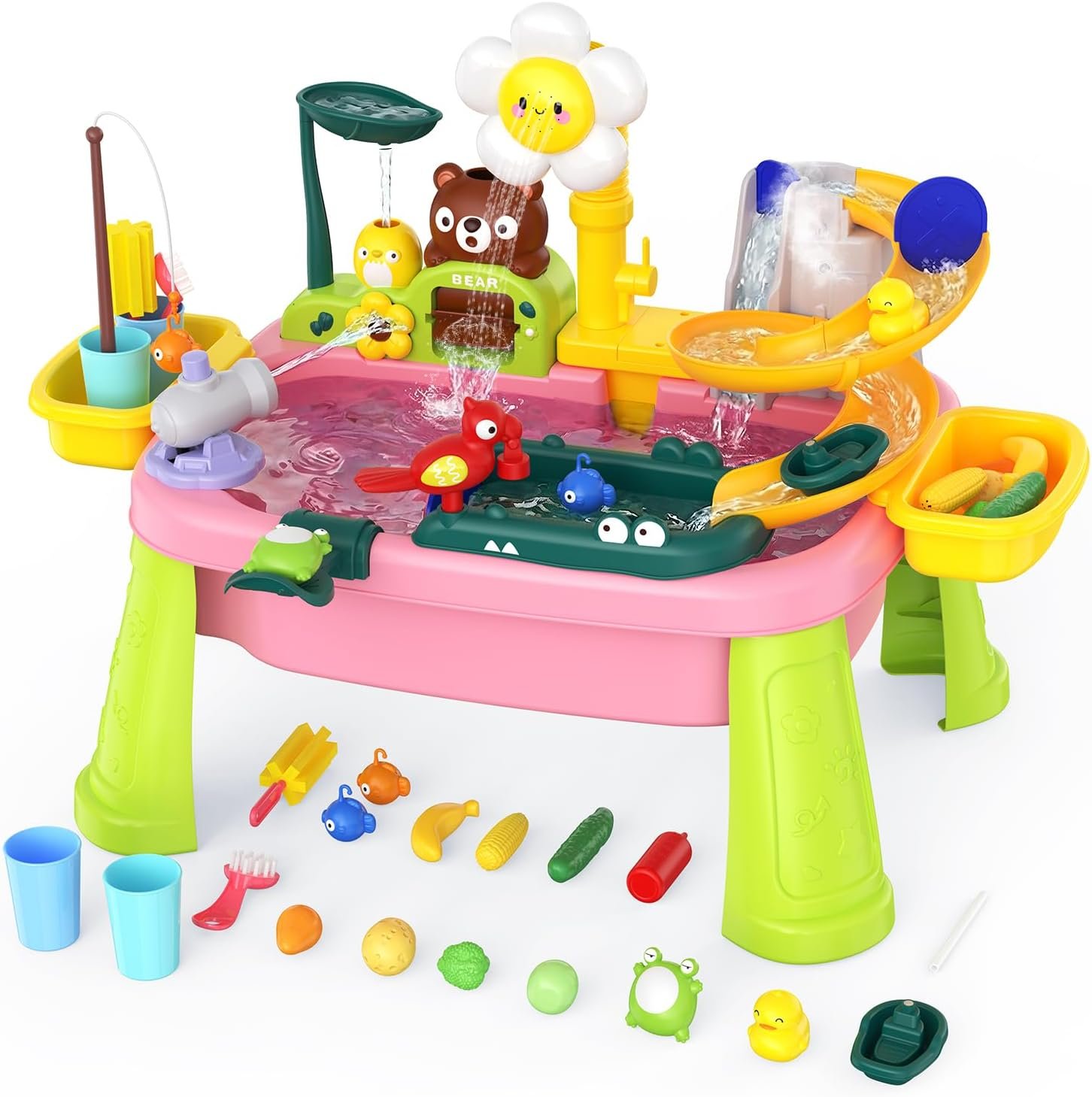 Water Table for Toddlers 1-3, Outdoor Toys for Kids Ages 4-8 with Pump, Kicthen Play Sink with Running Water, Fishing Toys Playset, Summer Outside Sand Water Sensory Activity Pool Toys Gifts, Pink