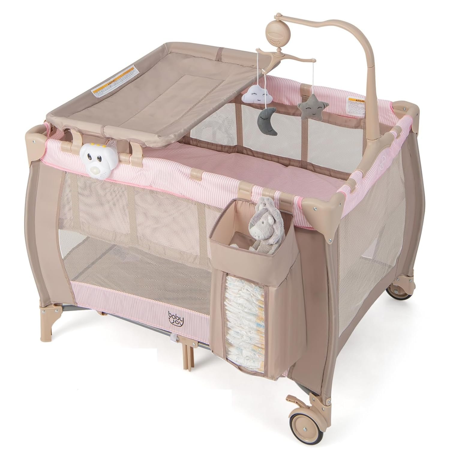 Costzon 3 in 1 Pink Pack and Play with Bassinet, Portable Baby Playard with Changing Table, Music Box, Whirling Toys, Wheels/Brake, Basket, Foldable Infant Pink Bassinet Crib for Baby Girl Toddlers