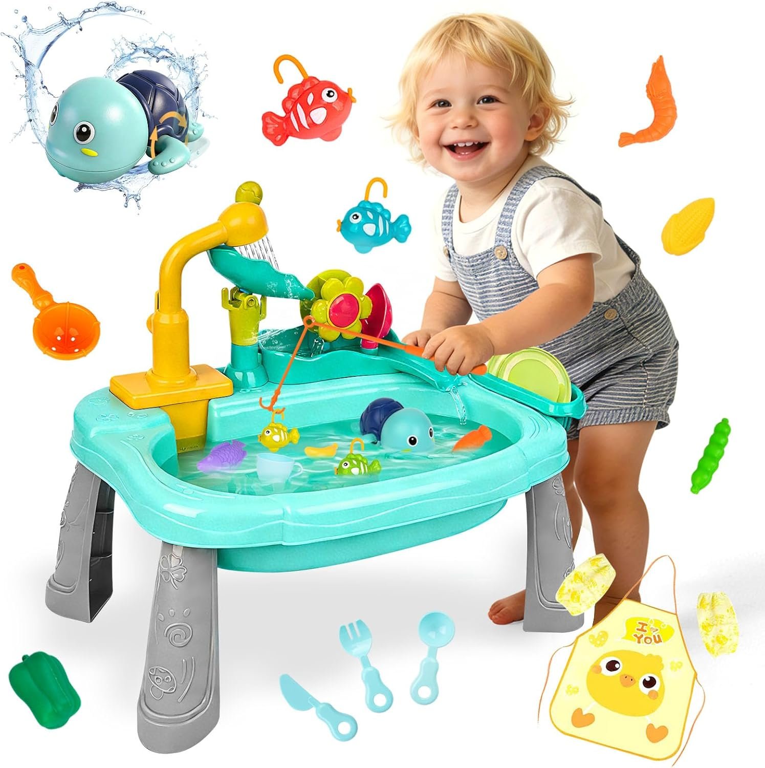Mini Water Table for Toddler 1-3, Kids Play Sink with Running Water, Outdoor Toys for Kids Ages 4-8 with 360° Electric Faucet, Floating Fishing Game, Sensory Activity Kitchen Toy for Boys Girls
