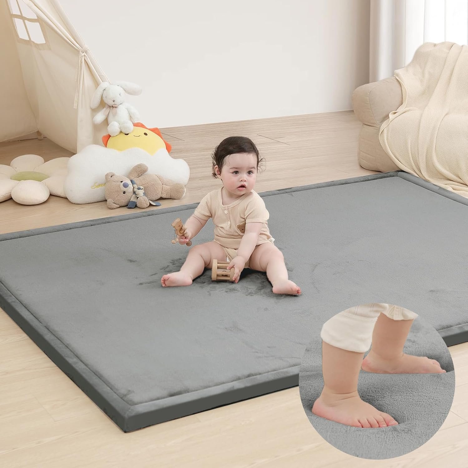 Extra Large 79″x118″ Baby Activity Play Mat for Floor, 1.3″ Thick Elasti Foam for Tummy Time & Crawling, Non-Slip Nursery Rug for Infants, Toddlers & Kids, Tatami Style Mat for Yoga, Living Room, Classroom & Playroom (Dark Gray)