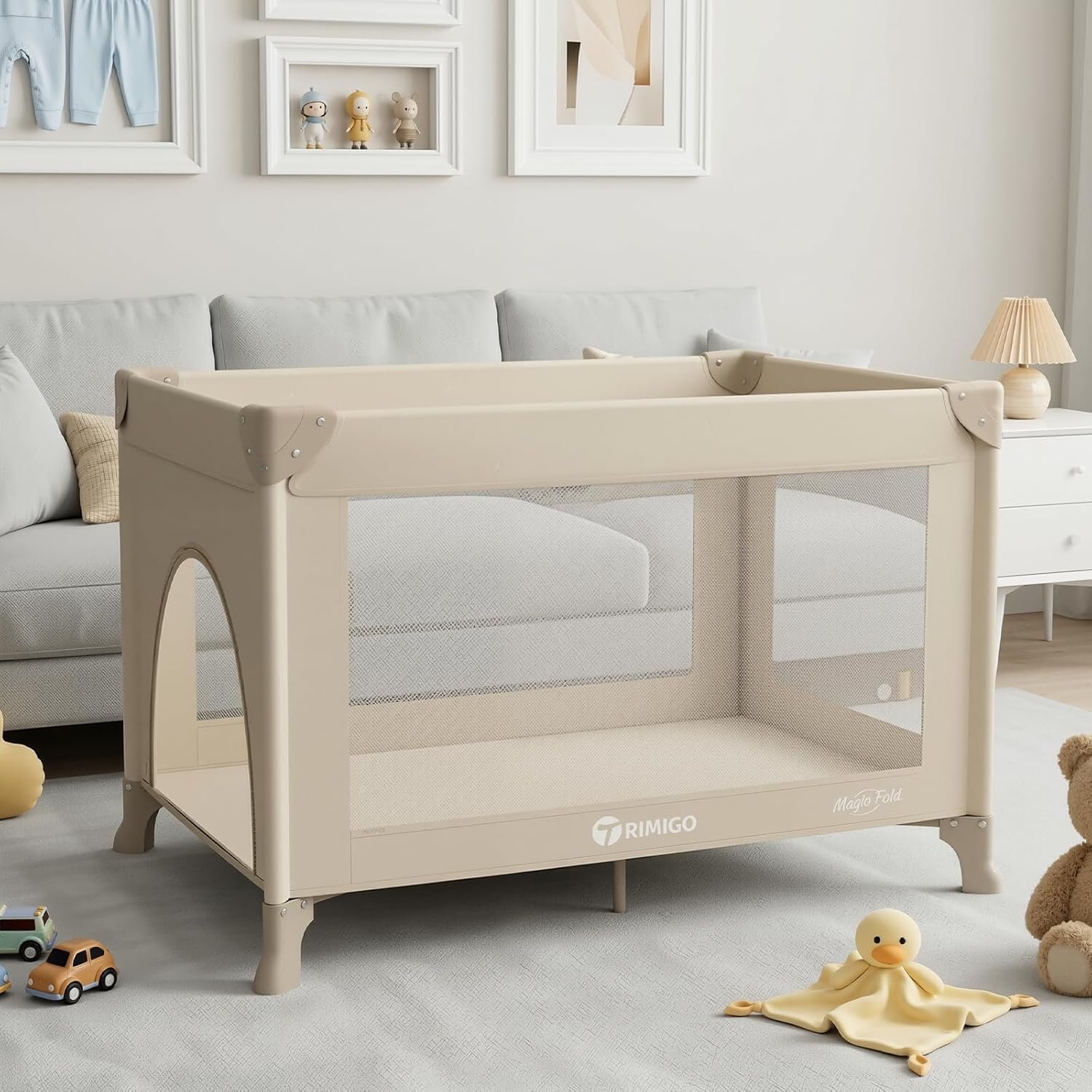 Portable Travel Crib & Playpen – Baby Safe Folding Travel Bed w/Mattress, Breathable Mesh | Compact Lightweight Baby Bed | Pack and Play for Babies & Toddlers (Khaki)