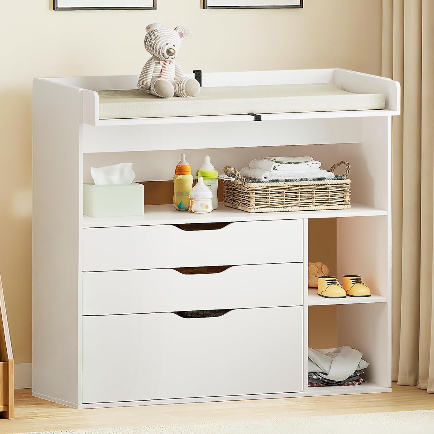 Pipleo Baby Changing Table Dresser with 3 Drawers and 3 Storage Shelves, Can be Used as a Baby Dresser with Changing Table Top, a Baby Changing Station, a Wood Diaper Changing Station (White)