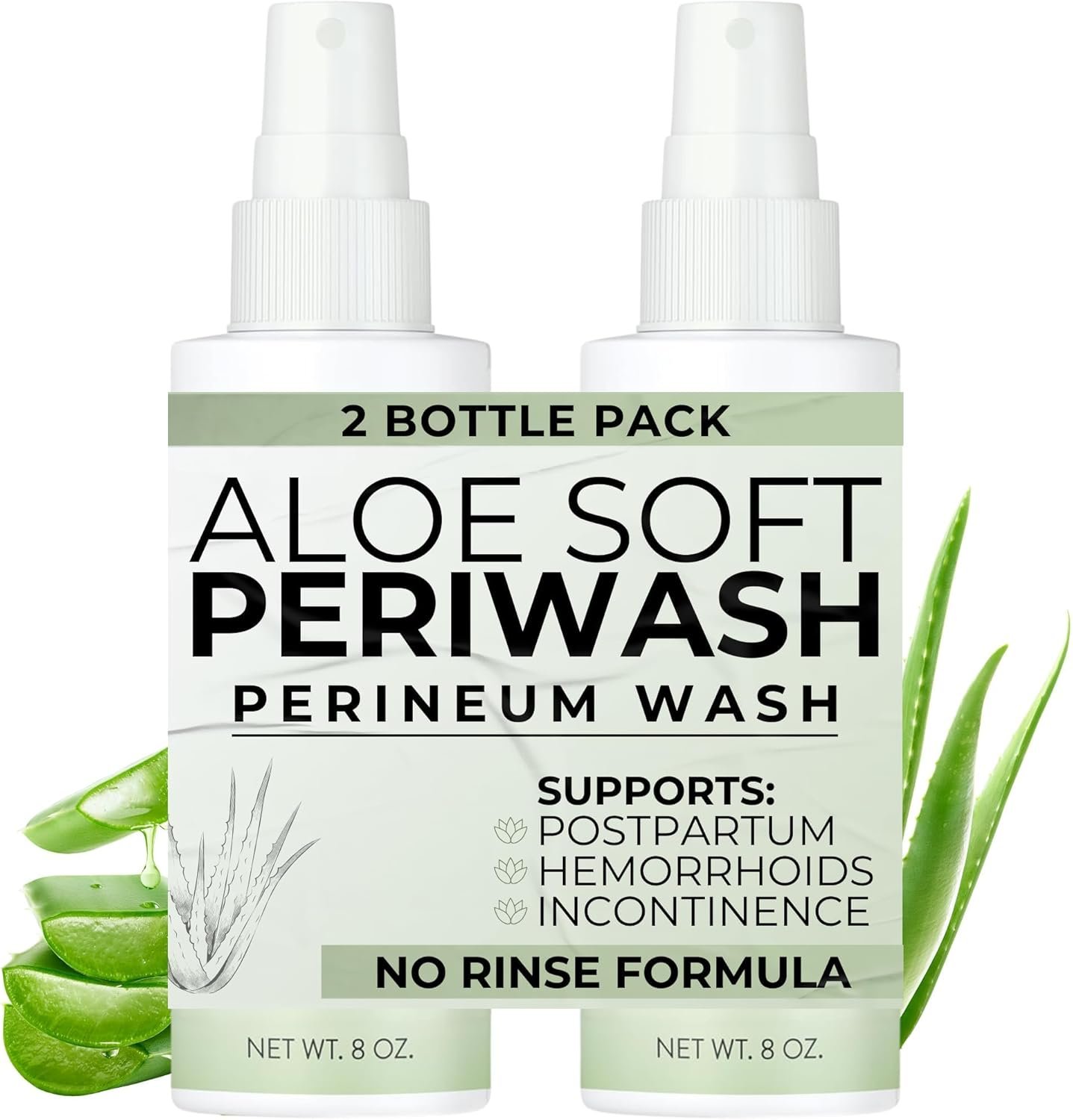 Aloe Soft Perineal Spray – Pack of 2 8 oz Rinse Free Perineum Wash – Cleanses and Soothes – Made with Aloe Vera Extract