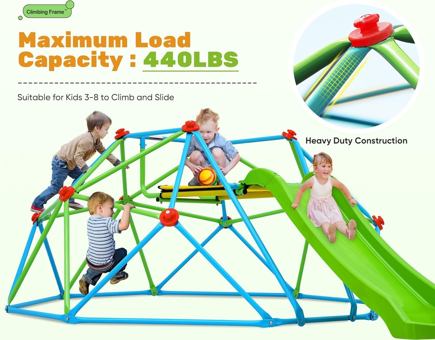 Zupapa Climbing Dome with Slide Max Load 440Lbs, 8FT Jungle Gym Monkey Bar for Backyard, 2 in 1 Outdoor Climbing Frame Toys for Toddlers Playground Set, Geometric Dome Climber for Kids Age 3-8