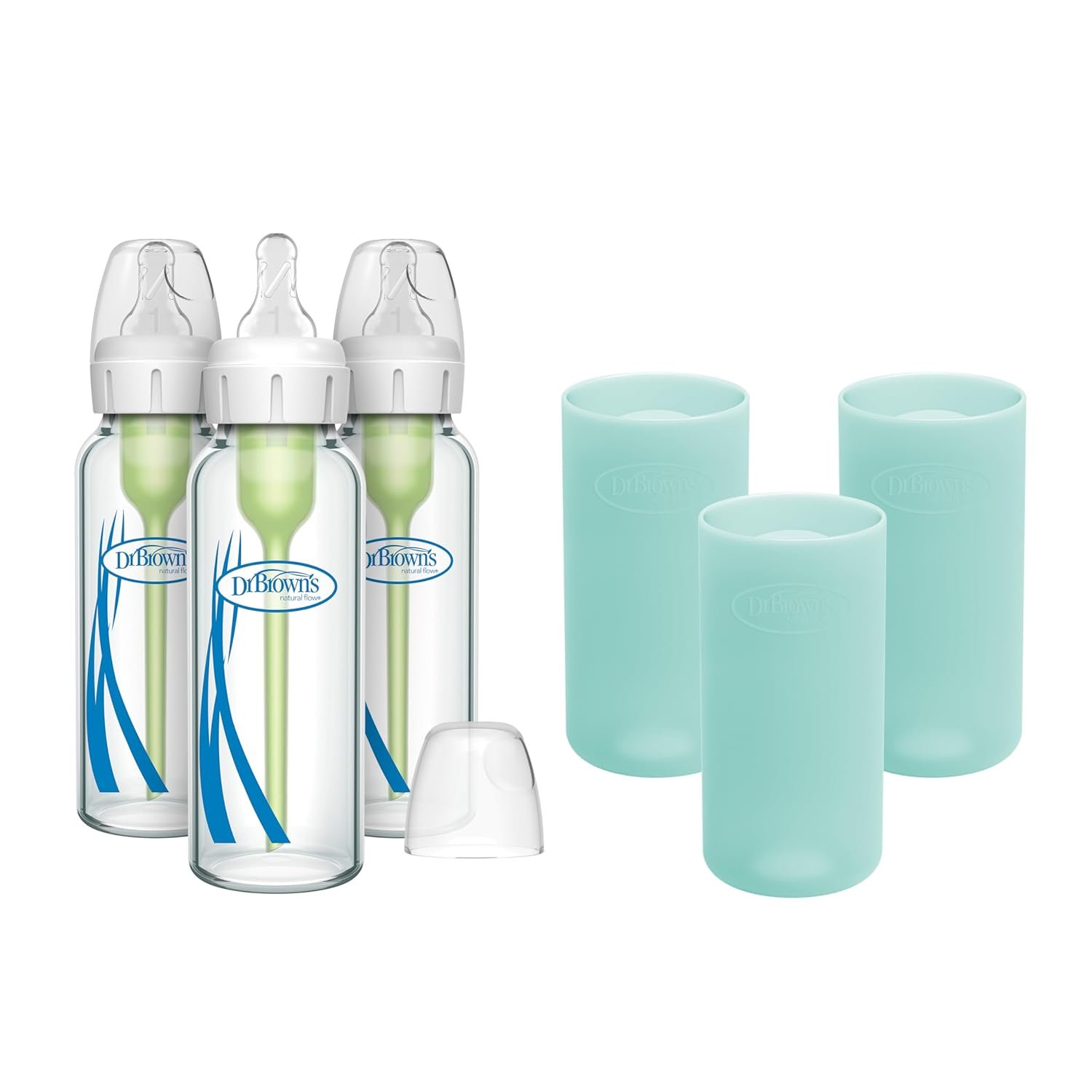 Dr. Brown’s Anti-Colic Options+ Narrow Glass Baby Bottles 8 oz/250 mL, with Level 1 Slow Flow Nipple, 3 Pack 0m+ with Mint 100% Silicone Sleeves, BPA-Free