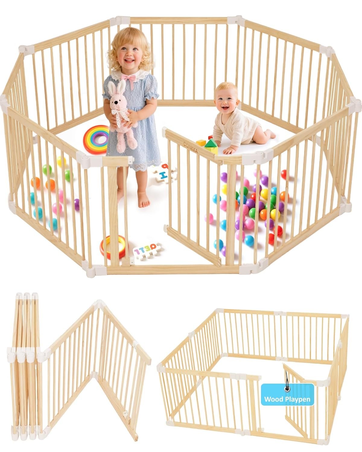 Foldable Wooden Baby Playpen Large Play Yard for Babies, 2-in-1 New Mom Helper Portable Fence, 25″ Tall Custom Wood Gate with Adjustable Size & Shape for Infants 3-18 Months -63x63x25 inch