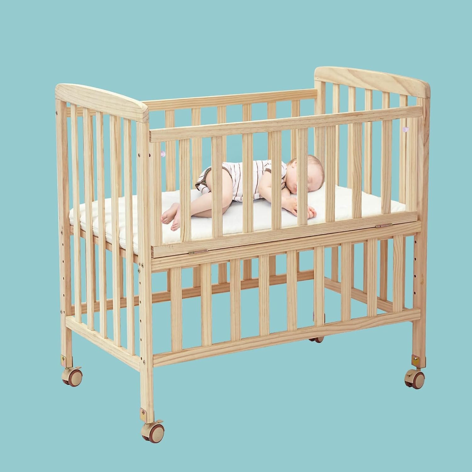 Flwrgirl Portable Mini Baby Crib – Convertible Baby Cribs with Soft Foam Mattress(33 * 20″),6 Heights Bedside Bassinet Sleeper,Wheeled Bedside Crib Co Sleeper for Small Space,Unpainted | For Small Rooms, Bedside Co-Sleeper, Foam Mattress, Adjustable Heights, Portable, Convertible