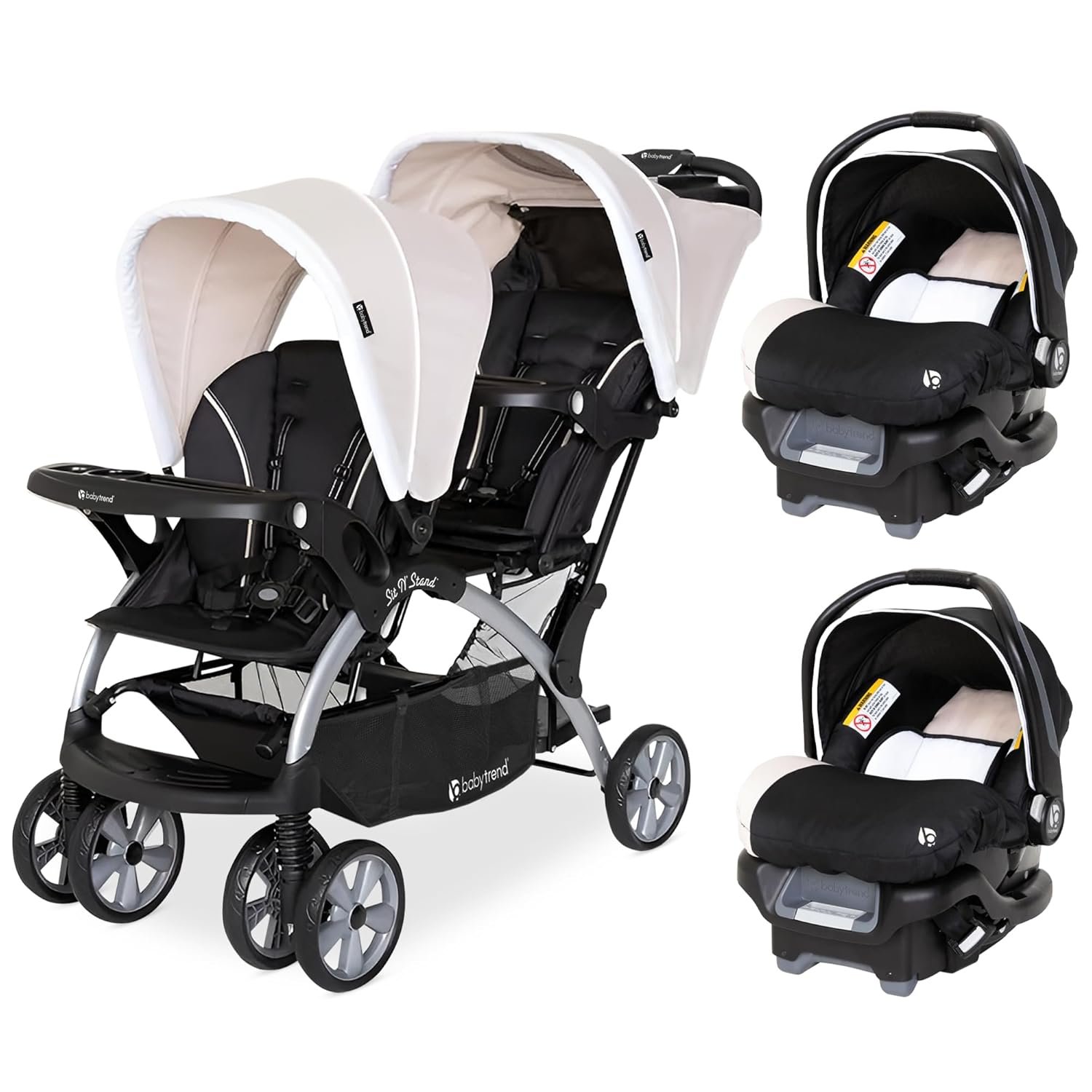 Baby Trend Infant and Toddler Double Stroller & 2 Car Seat Combo, 3 Pc Set, Khaki – Portable and Lightweight Stroller Duo and Car Seat Travel System Tandem
