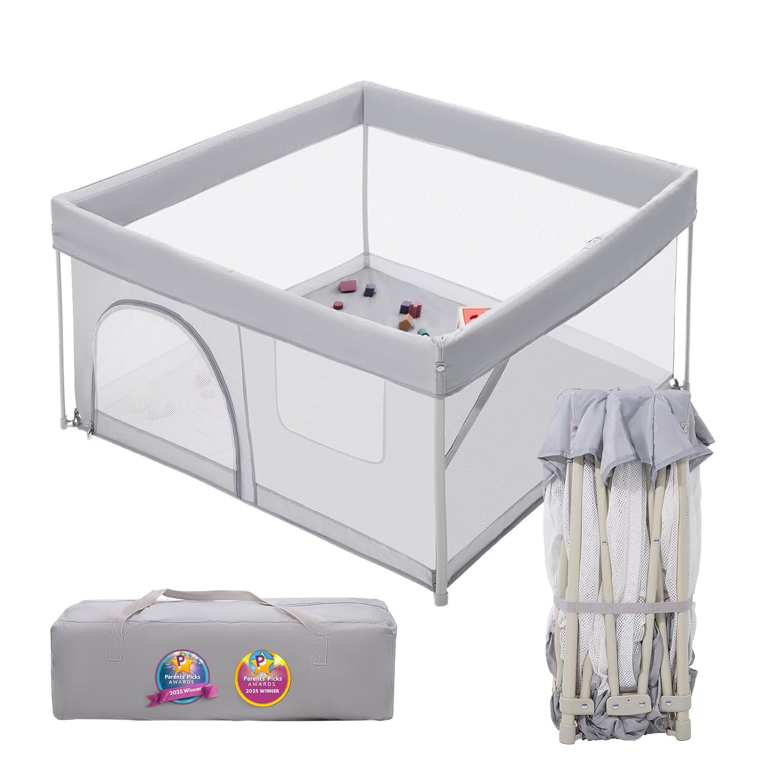 Babelio Foldable Baby Playpen 46″ × 46″, Portable Playard for Babies and Toddlers, Parents’ Picks Awards Winner, No Assembly Required, Indoor & Outdoor Kids Safety Play Pen Area, Travel Fence, Grey