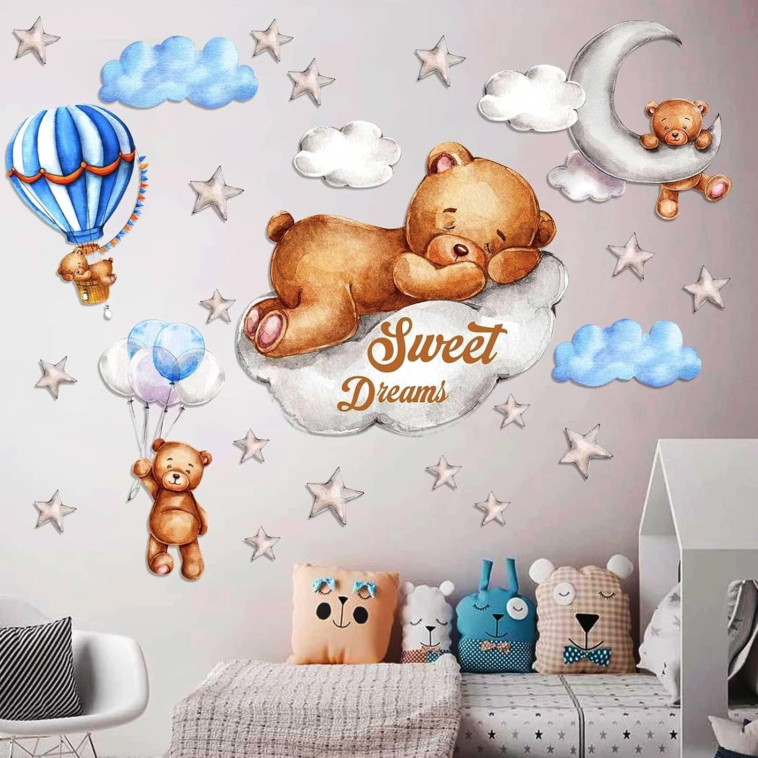 Tedy Bear Moon & Stars Wall Decor – Sleeping Bear Wall Stickers, Baby & Nursery Room Decor