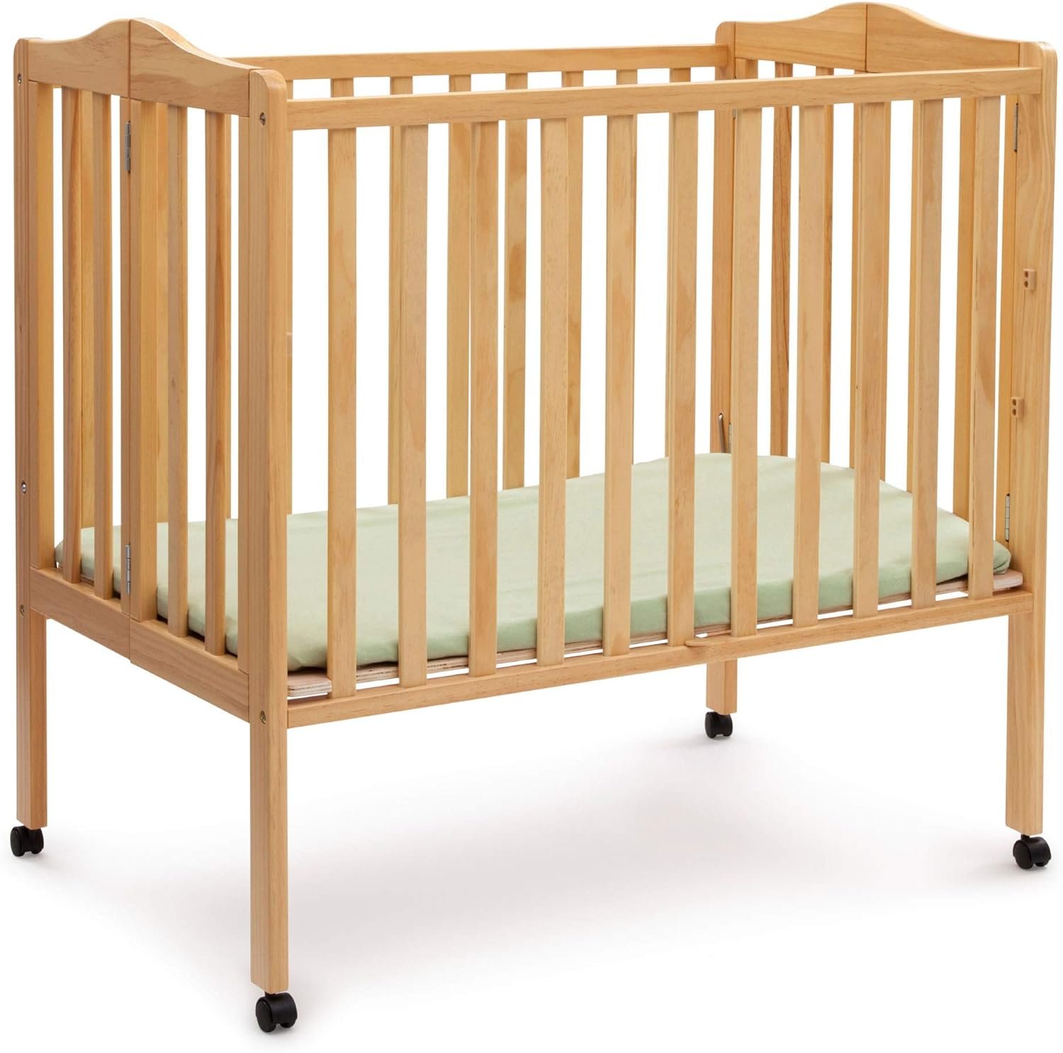 Delta Children Folding Portable Mini Baby Crib with 1.5-inch Mattress – Greenguard Gold Certified, Natural