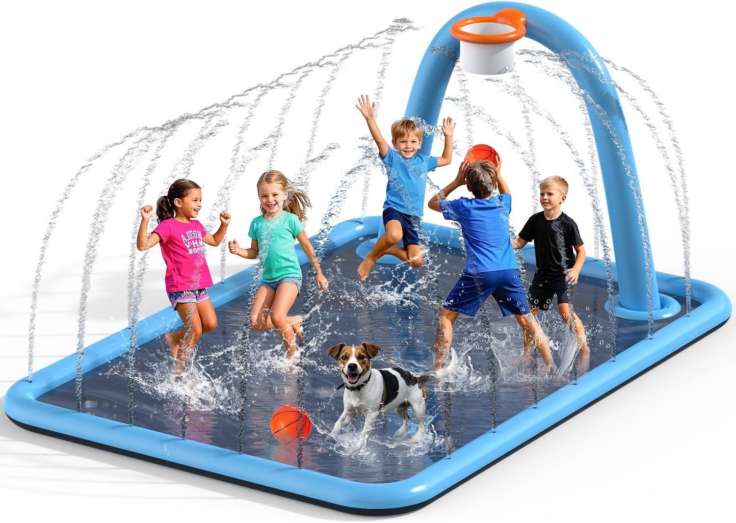 Splash Pad for Kids & Dogs, Large Sprinkler Pad Water Toys with Basketball Hoop, Thickened Non-Slip Splash Mat, Foldable Play Pool & Outdoor Summer Toys Ages 4-12 (102″ Splash Pad)