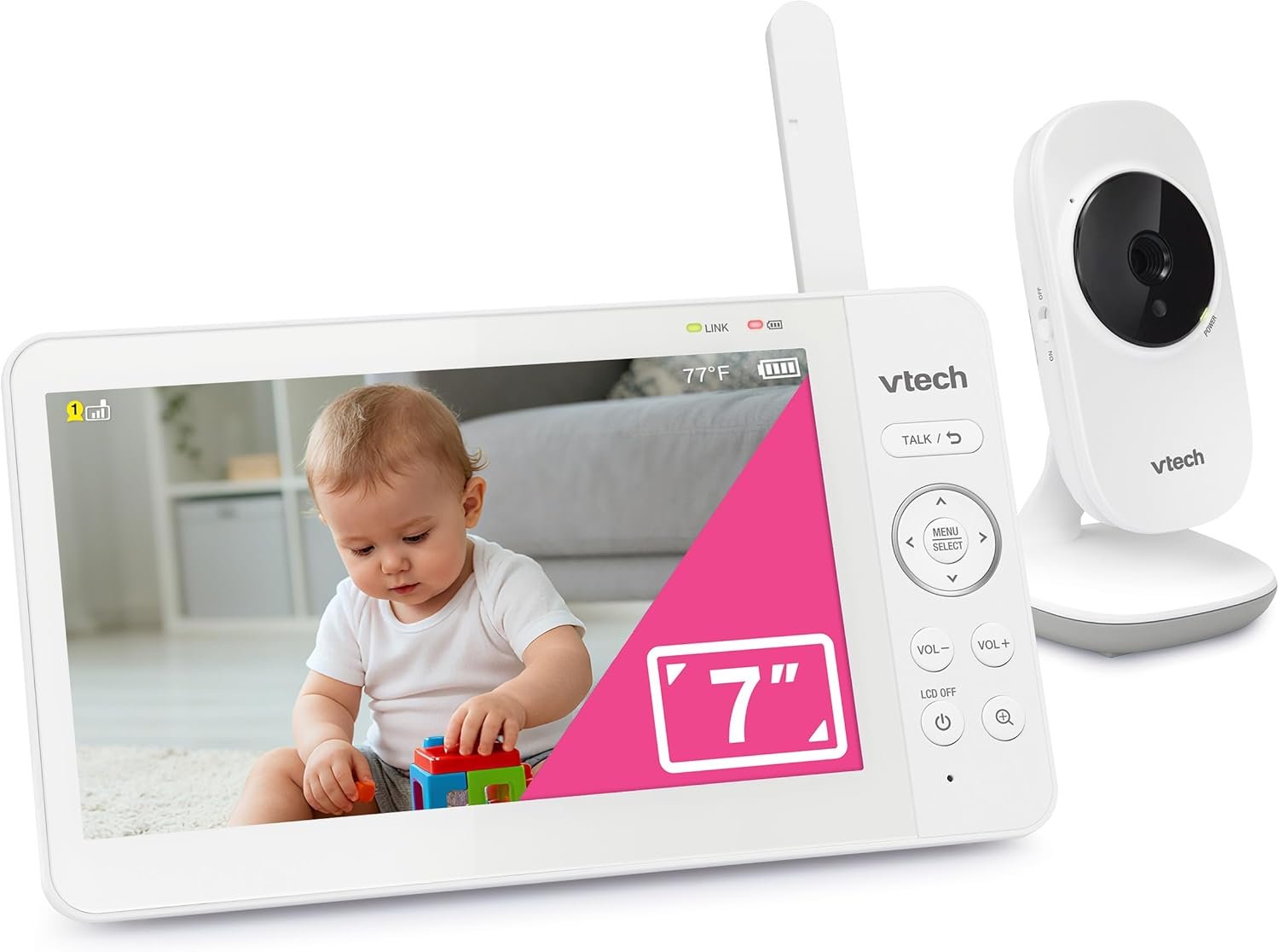 VTech 819 Max 7″ Non-WiFi Video Baby Monitor – Large Color LCD Screen, Long Battery Life, Night Vision, Temperature Sensor, Lullabies – Secure & Hack-Proof