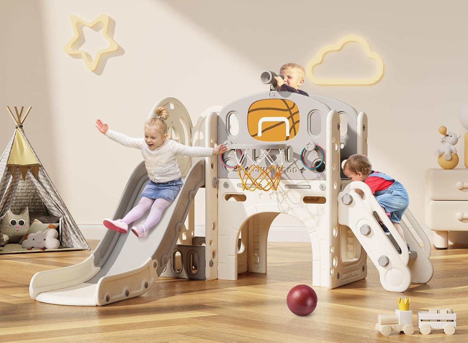 BIERUM 9 in 1 Toddler Slide, Kid Slide for Toddlers Age 1-3 with Ring Toss, Basketball Hoop, and Telescope, Indoor Outdoor Playset Playground Beige Gray